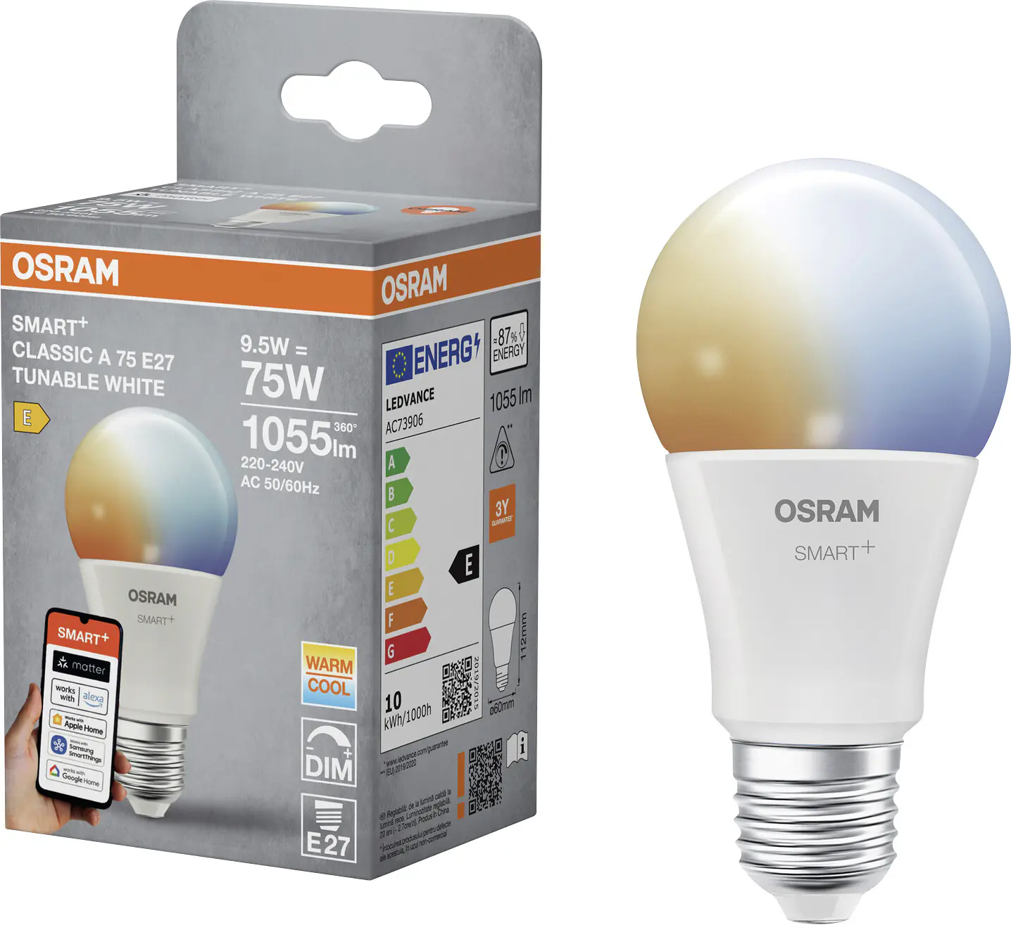 Osram SMART+ Matter Leuchtmittel E27 Classic 9.5W CCT matt 