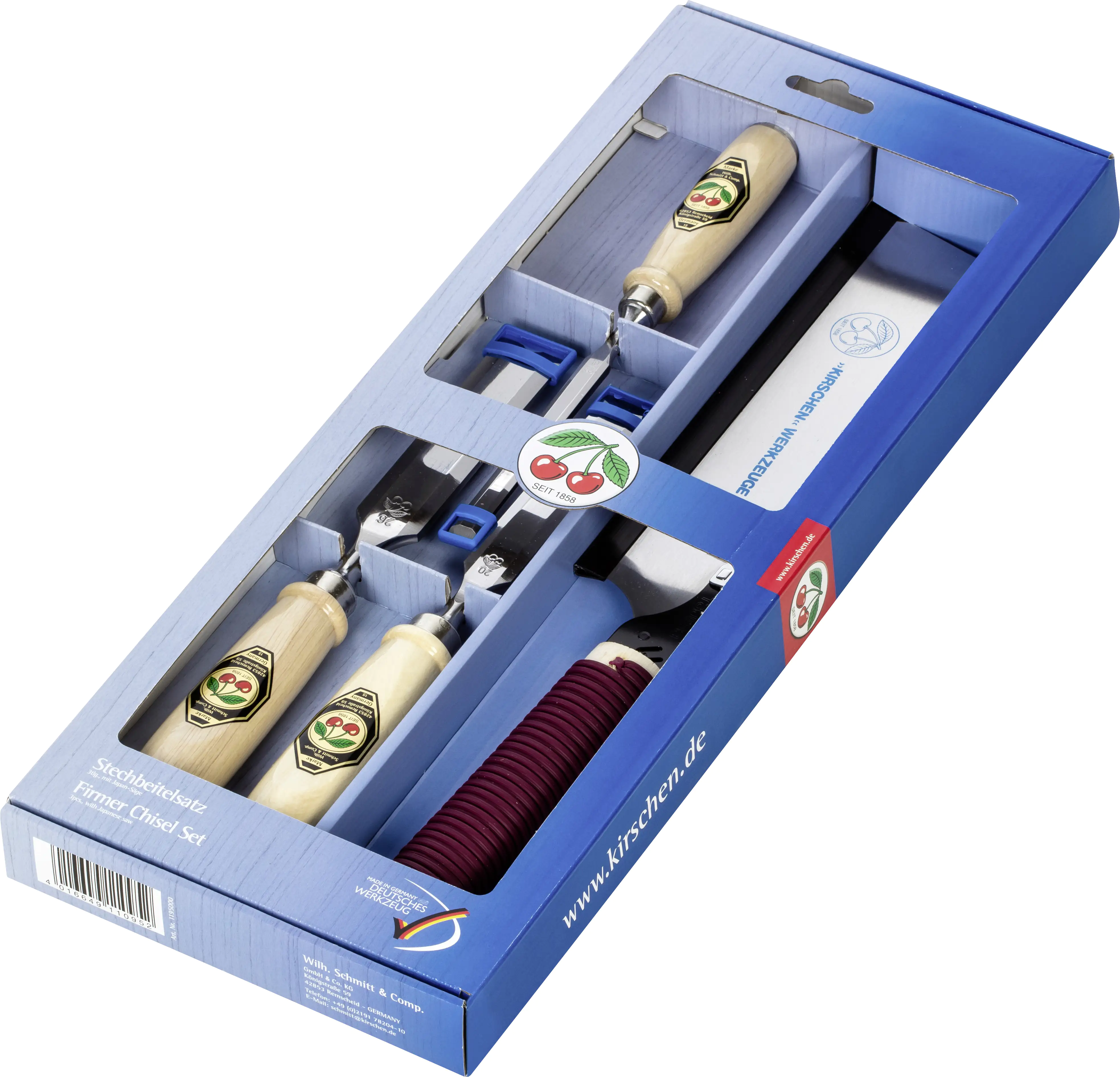 Kirschen Stechbeitelsatz mit Japansäge in Tasche mit Säge