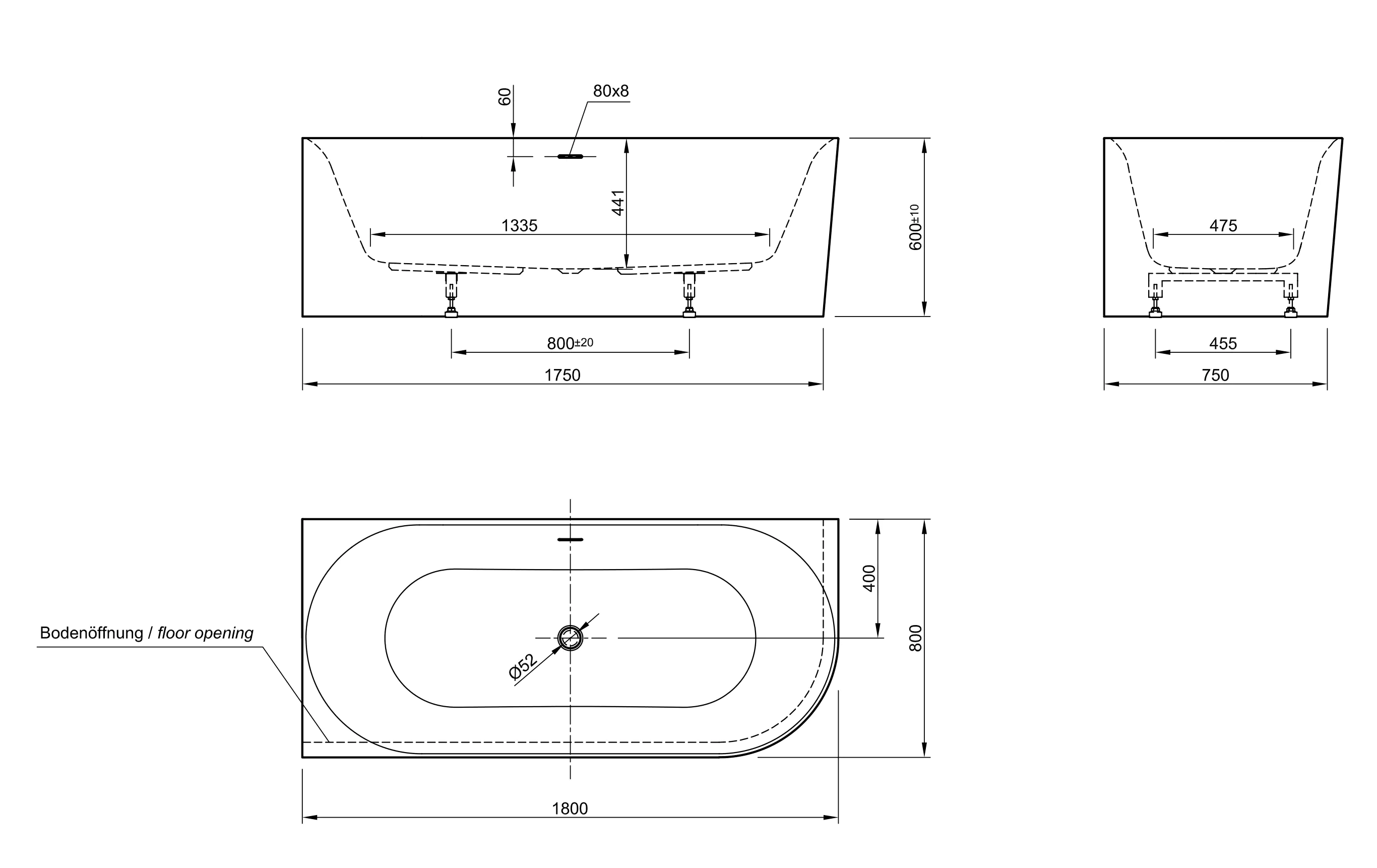 Ottofond Badewanne Mince Corner Weiß rechts 180 x 80 / 44 cm