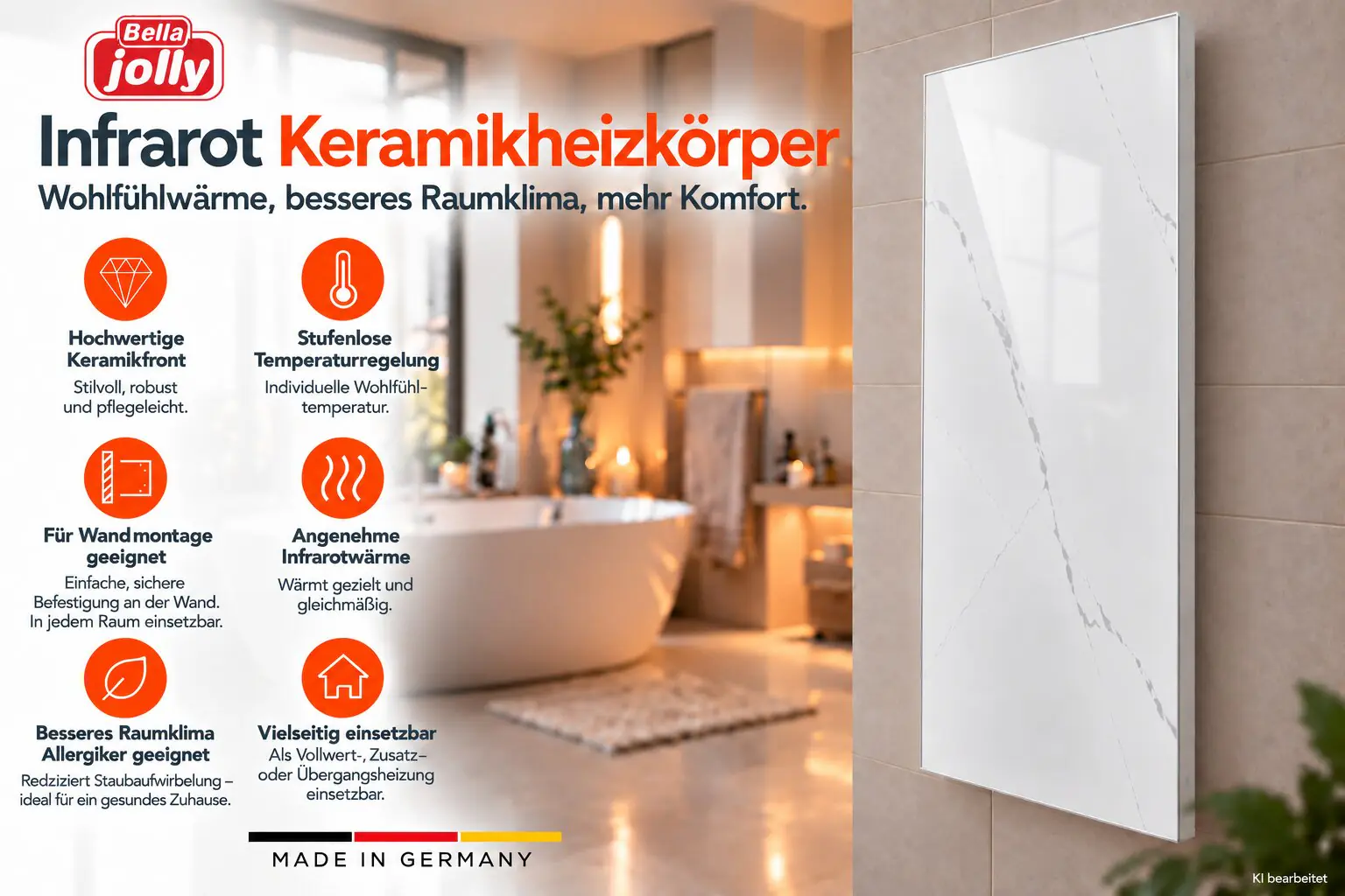 Bella Jolly Infrarot Wandheizkörper 60 x 120 cm 1200 Watt marmoroptik