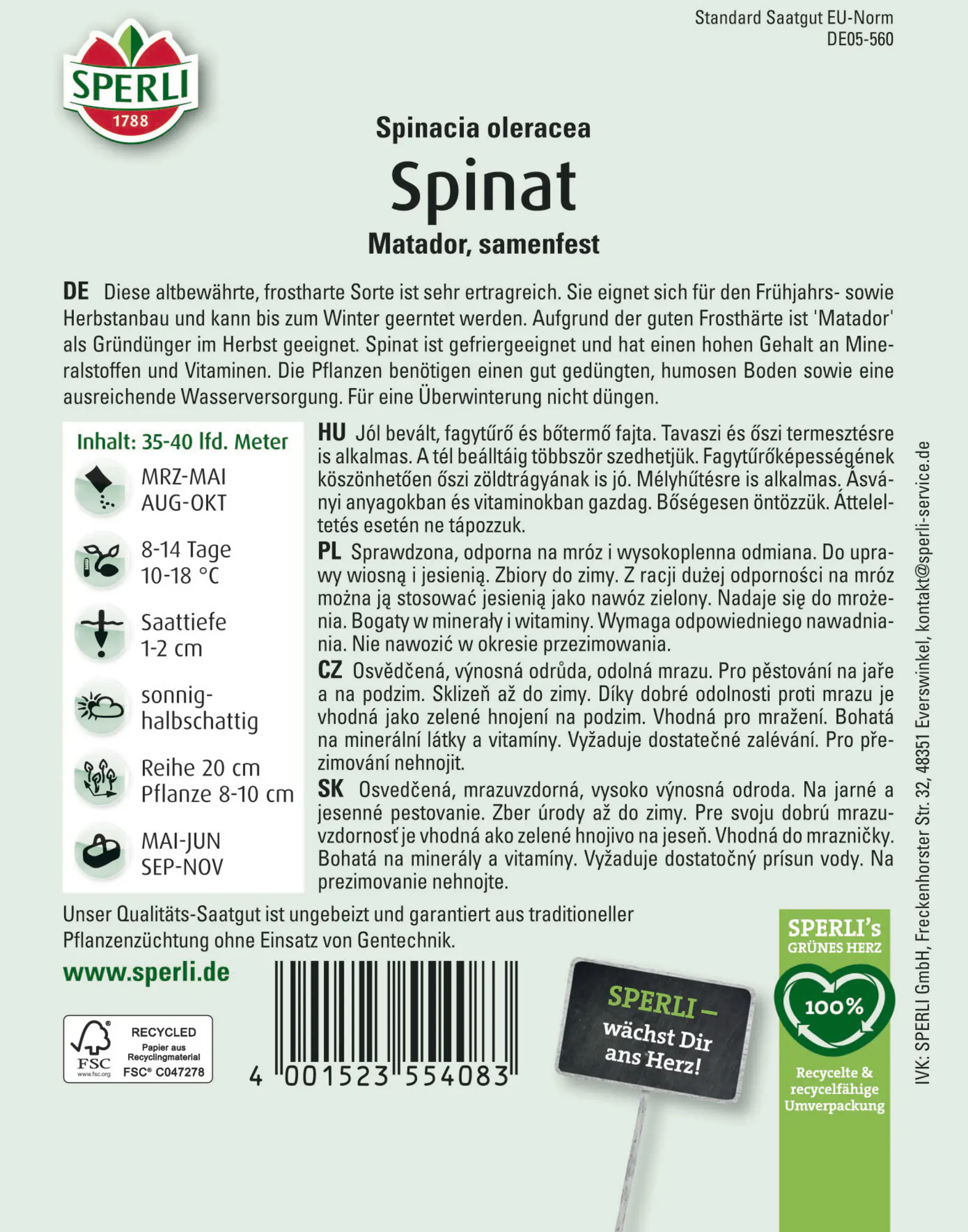 Sperli Saatgut Spinat Matador MaxiPack für bis zu 35-40 lfd. Meter