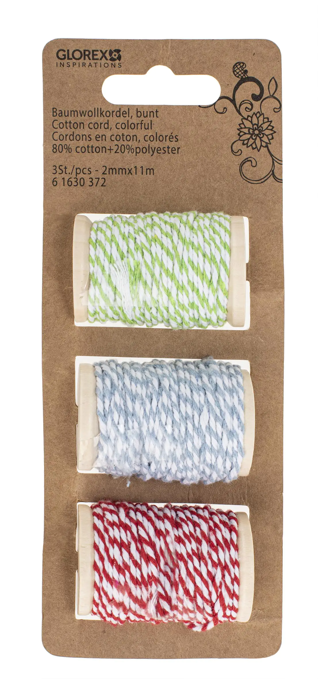 Baumwollkordel Set 3-teilig 2 mm x 11 m  80% Baumwolle/20% Polyster