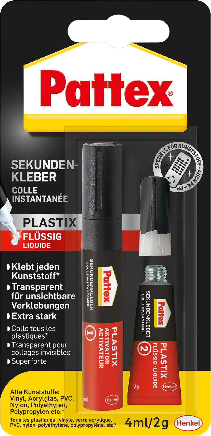 Pattex Sekundenkleber Plastix Flüssig 2 g + 4 ml Aktivator Stift, klar & farblos Pattex Sekundenkleber Plastix Flüssig 2 g + 4 ml Aktivator Stift, klar & farblos