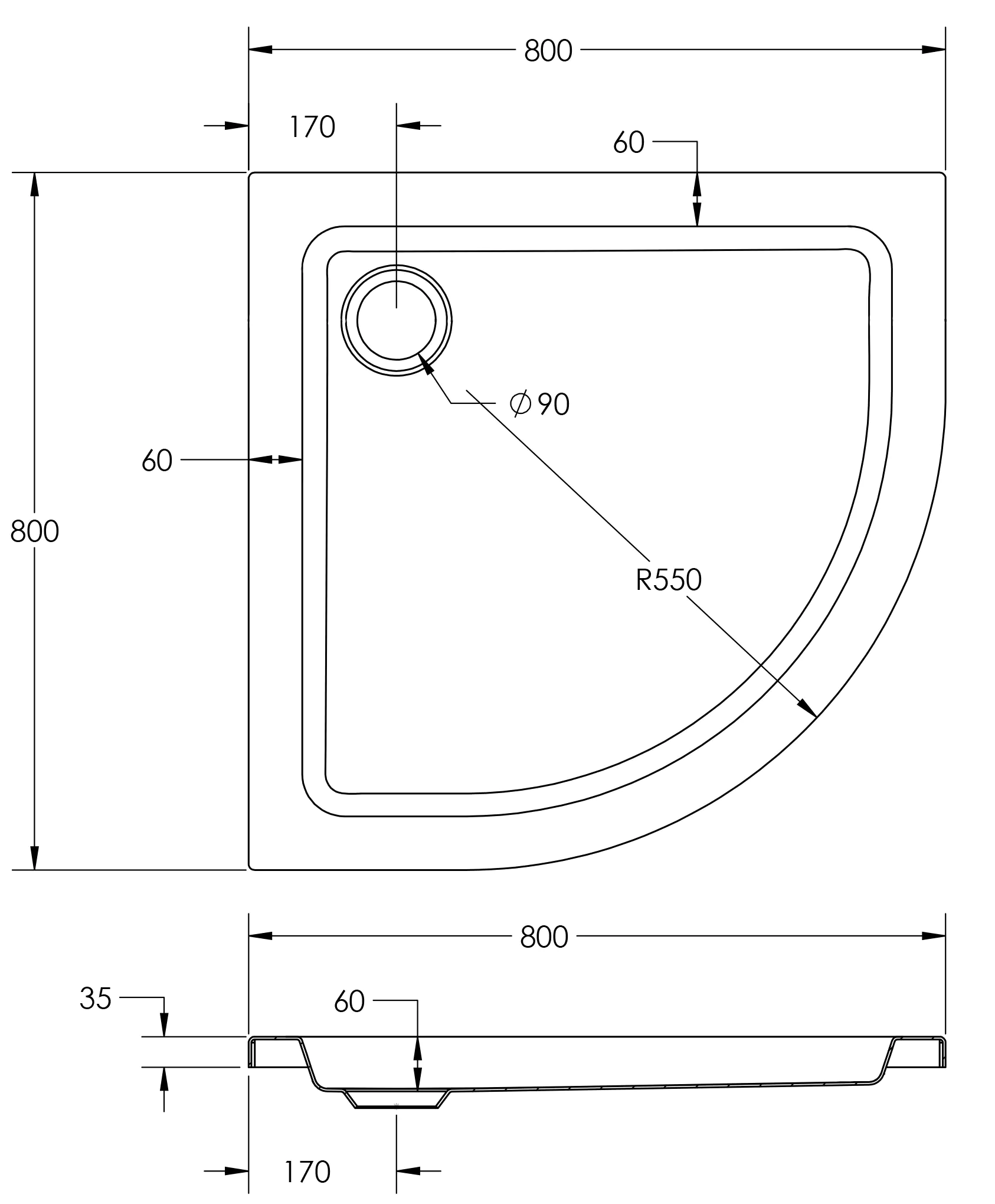 Ottofond Duschwanne Kraton 80 x 80 x 6 cm, weiß