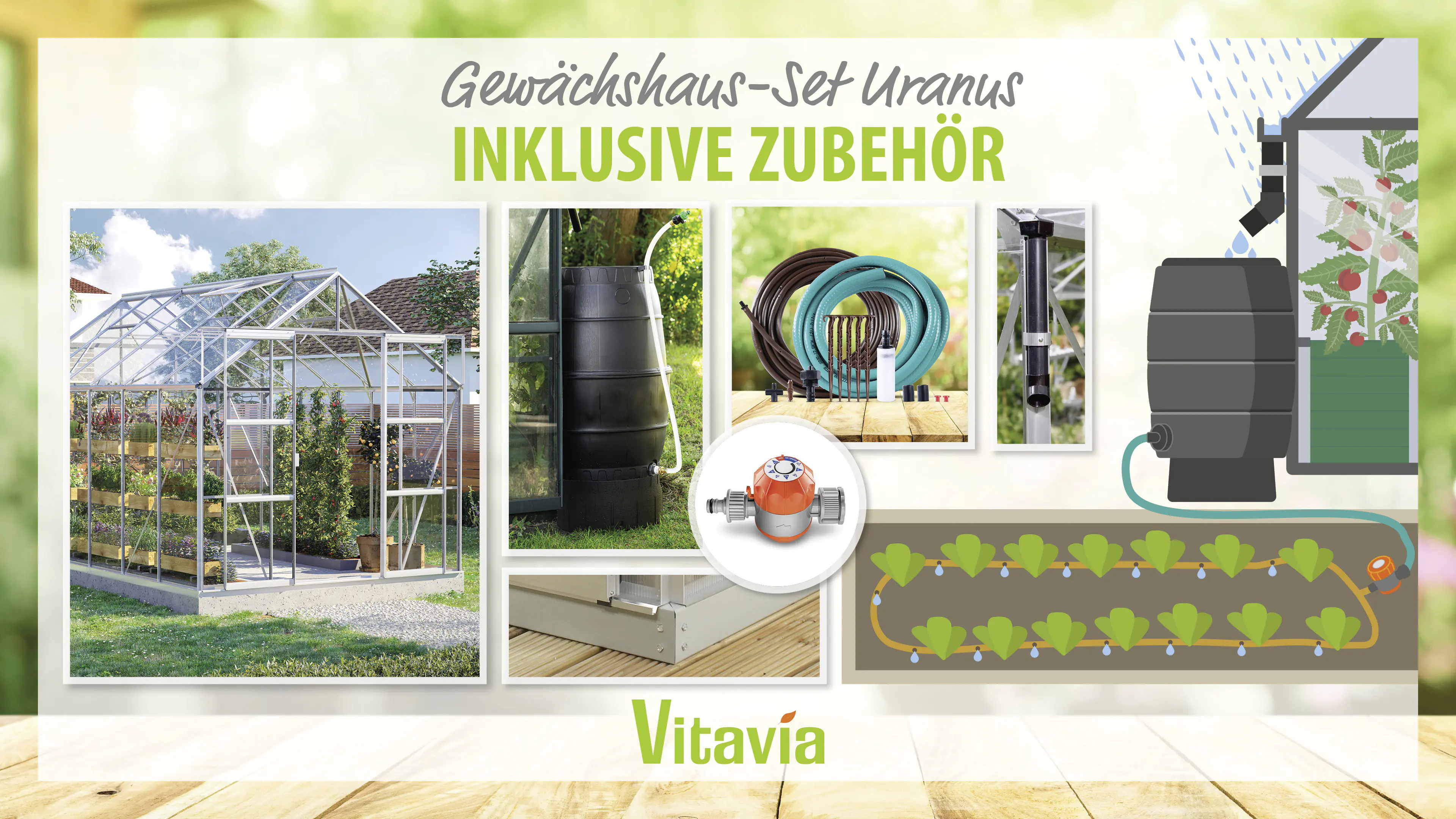 Vitavia Gewächshaus-Set Uranus 9900 ESG 3 mm alu 254 x 379 cm 