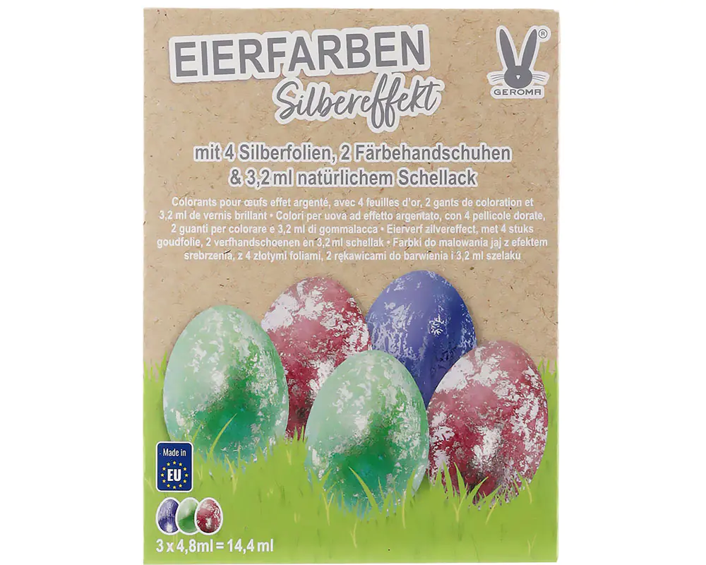 Eierfarben Silbereffekt 3 Farben mit Goldfolie, Schellack und Färbehandschuhe Eierfarben Silbereffekt 3 Farben mit Goldfolie, Schellack und Färbehandschuhe