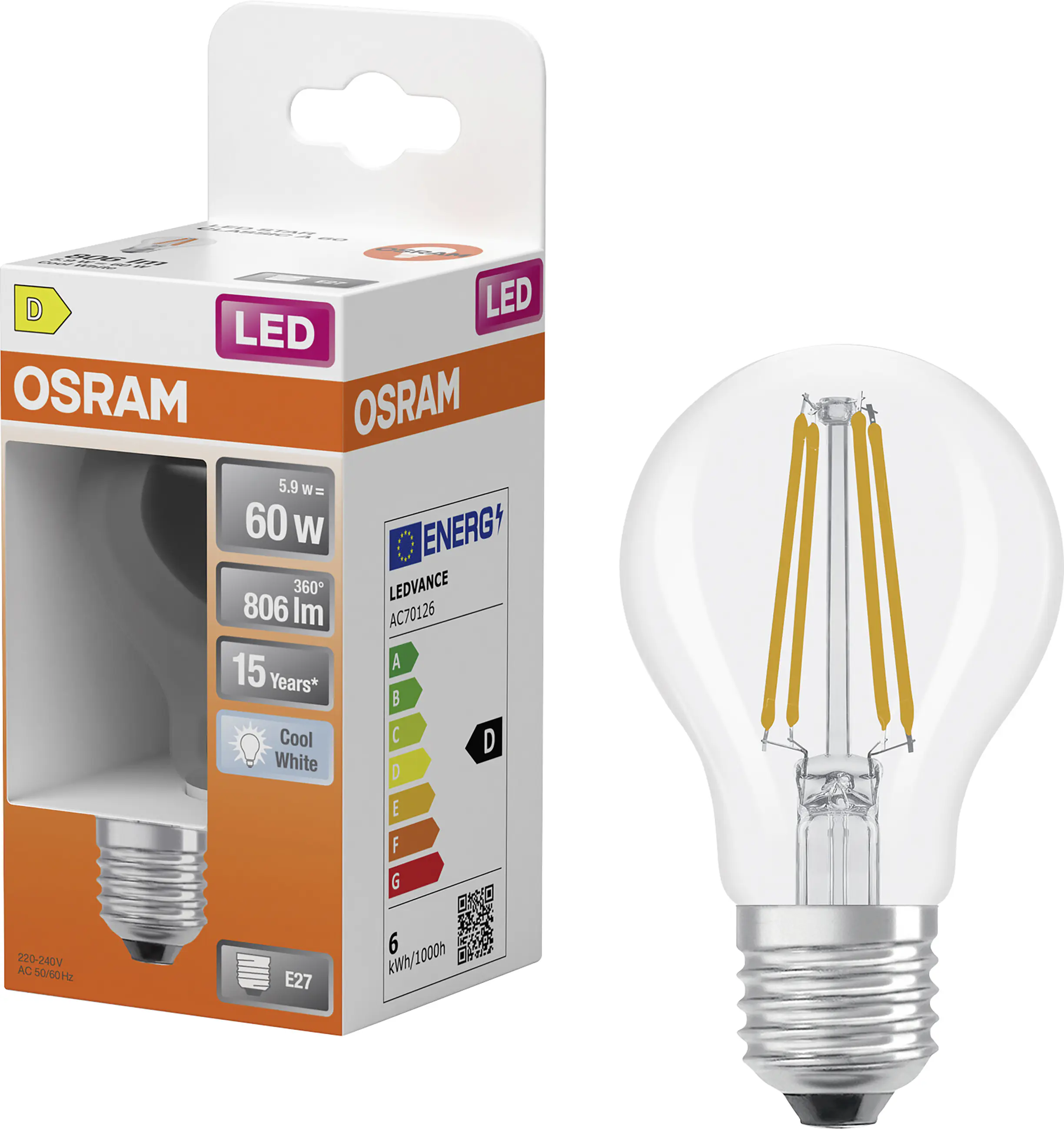Osram LED Leuchtmittel E27 Star Classic 5,9W klar kaltweiß