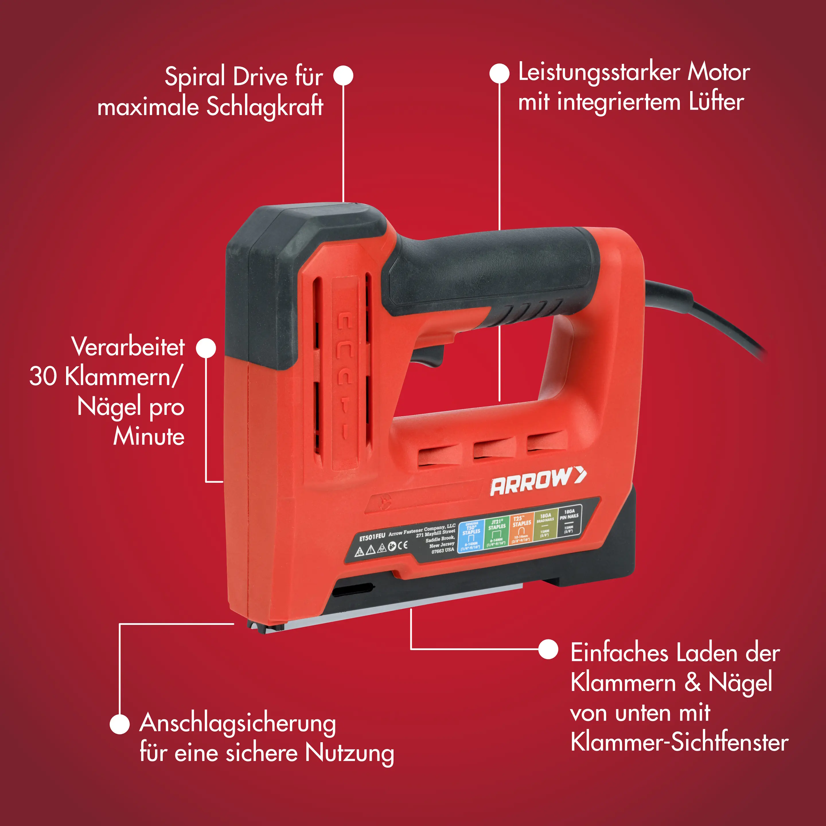 Arrow Elektro-Handtacker ET501F 5 in 1 für Klammern, Kabelklammern & Nägel