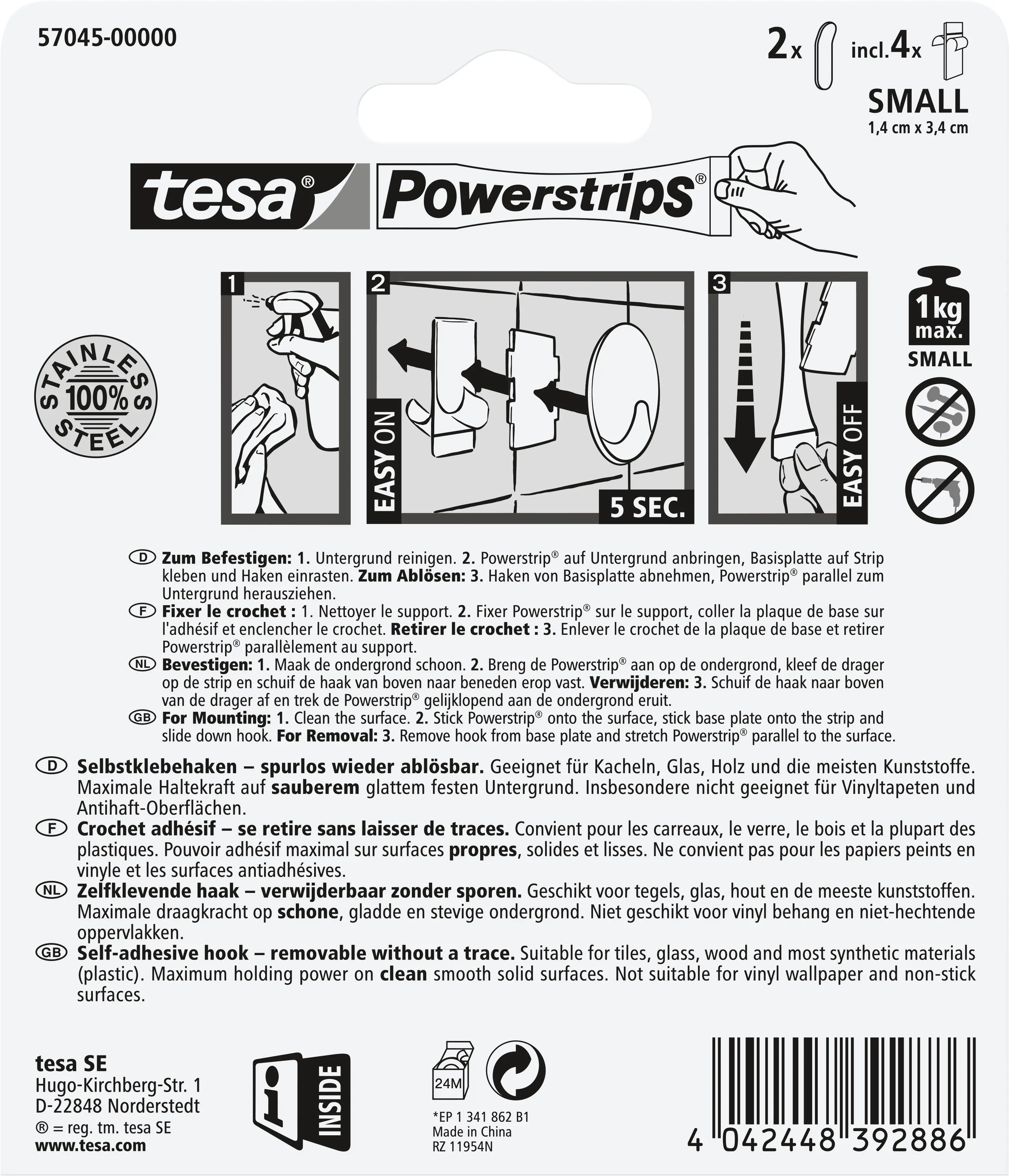 tesa Powerstrips Haken Small rechteckig, Edelstahl