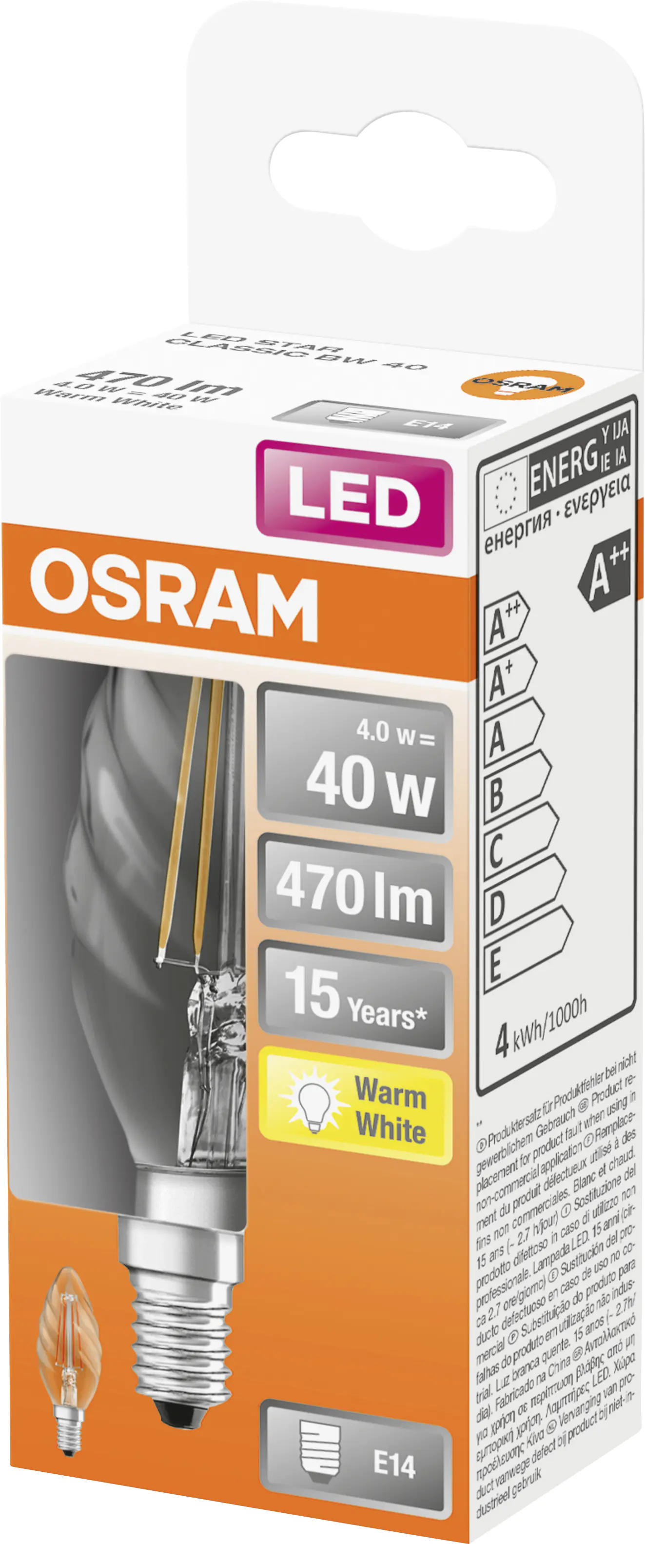 Osram LED Leuchtmittel Classic BW40 E14 4W warmweiß, klar