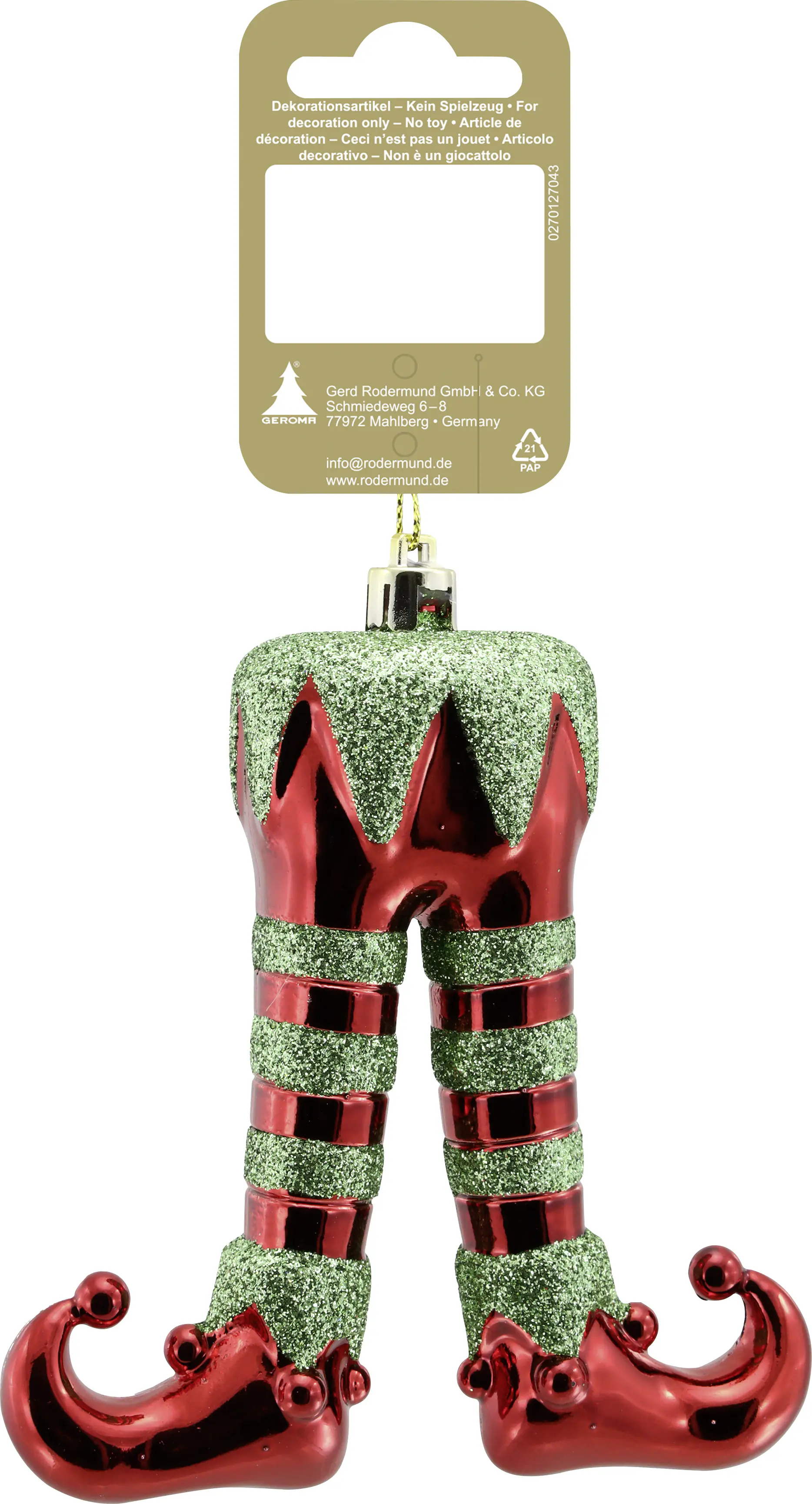 Weihnachtsanhänger Elfenstiefel aus Kunststoff 11 cm rot/grün