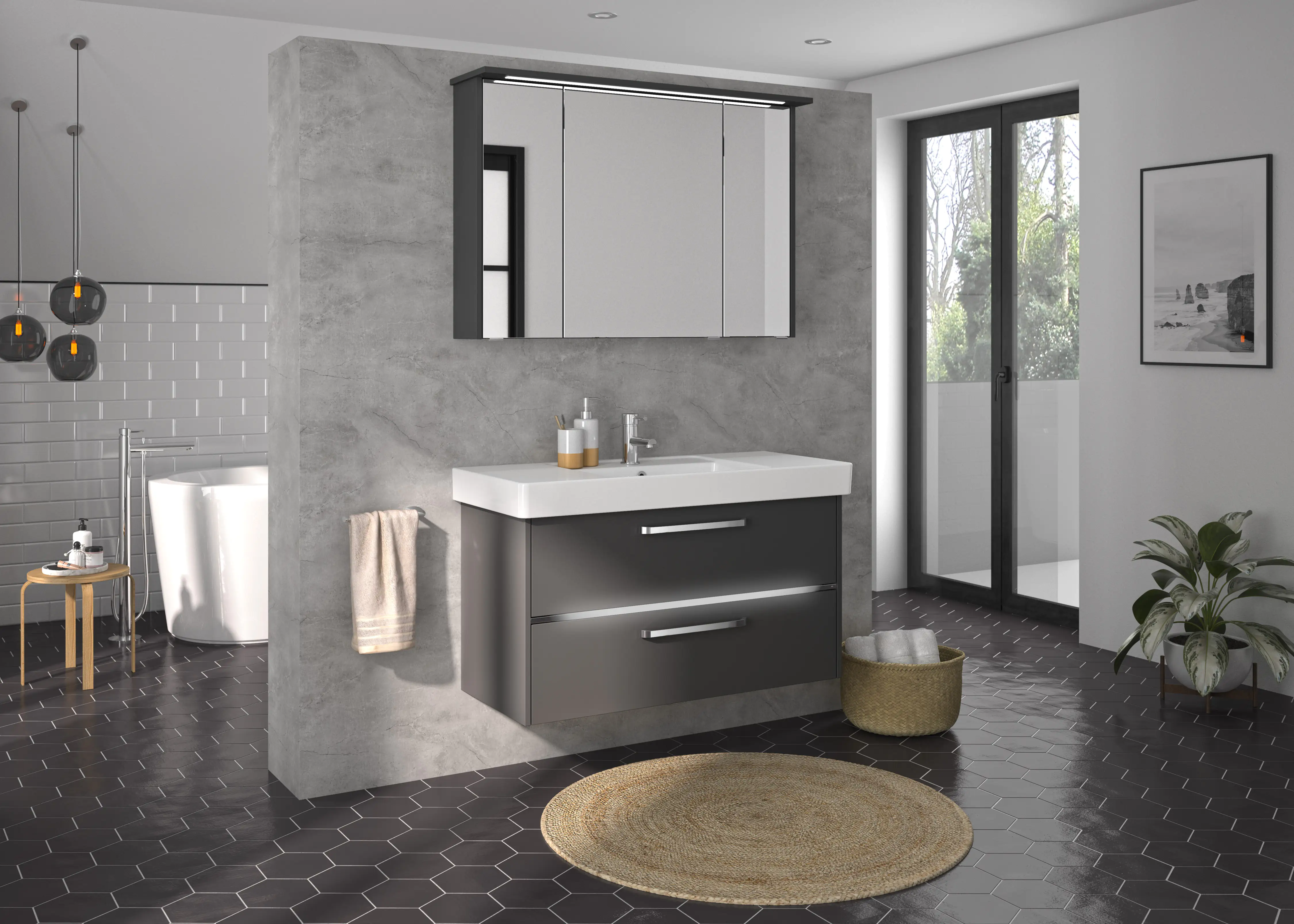 Primaster Badmöbel-Set Berlin grau 105 cm Twin LED, Keramikwaschtisch