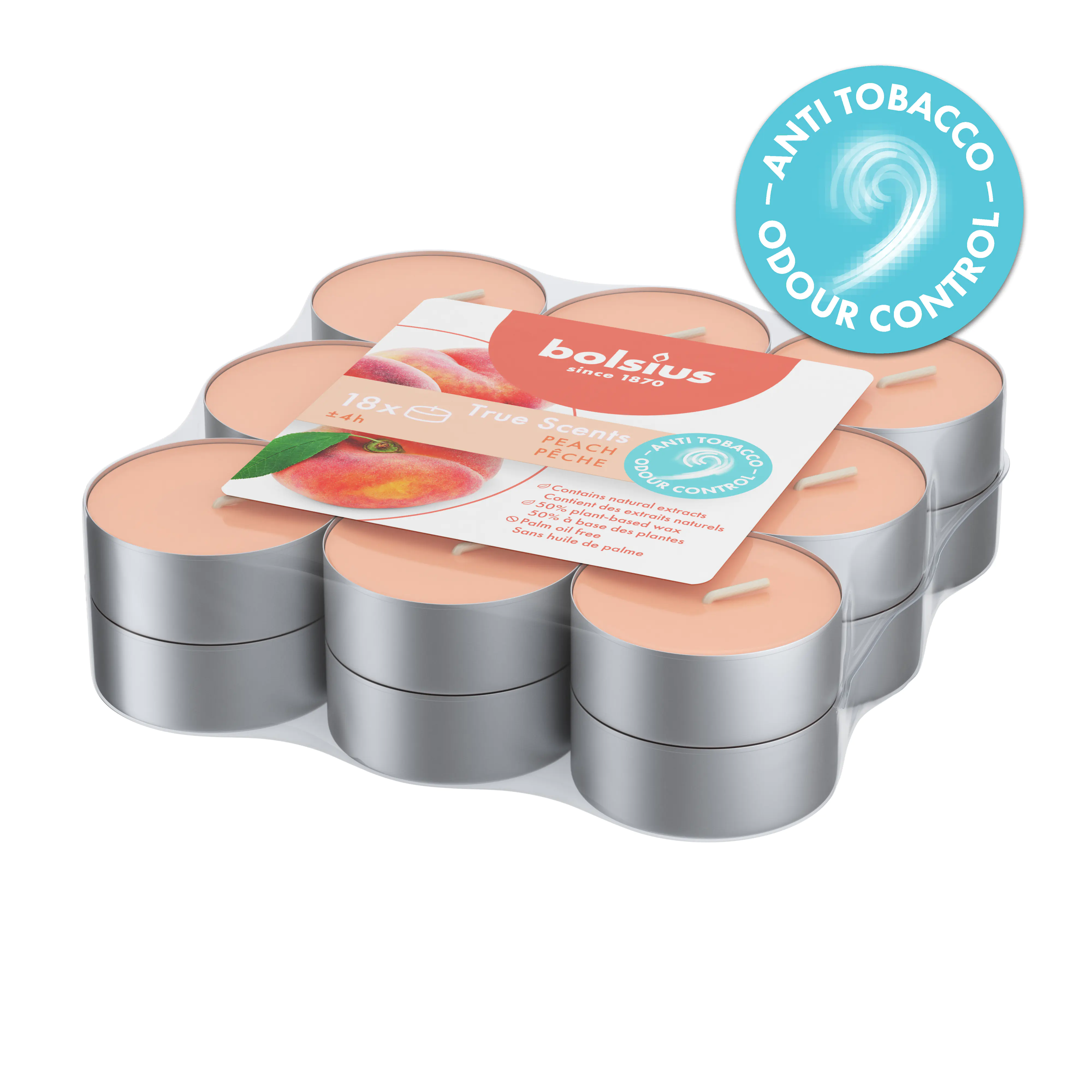Bolsius Duft-Teelichte Alu 4 Stunden 18er Pack True Scents Pfirsich