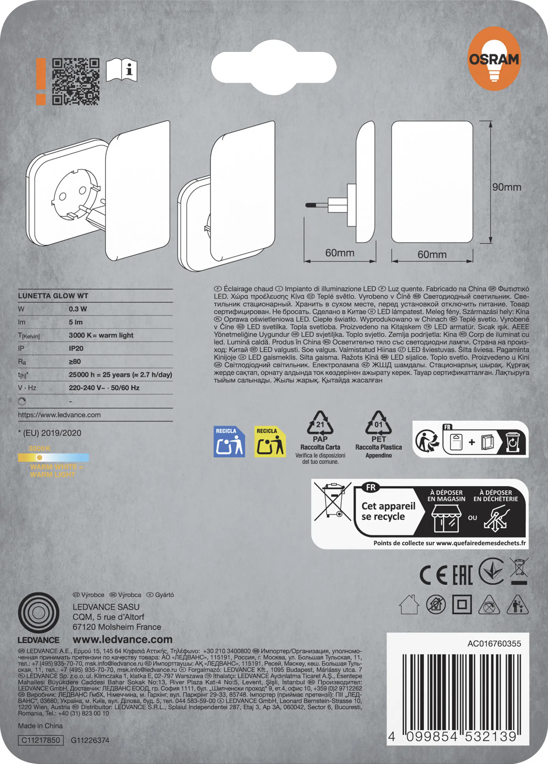 Osram LED-Nachtlicht Lunetta Glow mit Tag-/Nacht Sensor 9 cm warmweiß weiß