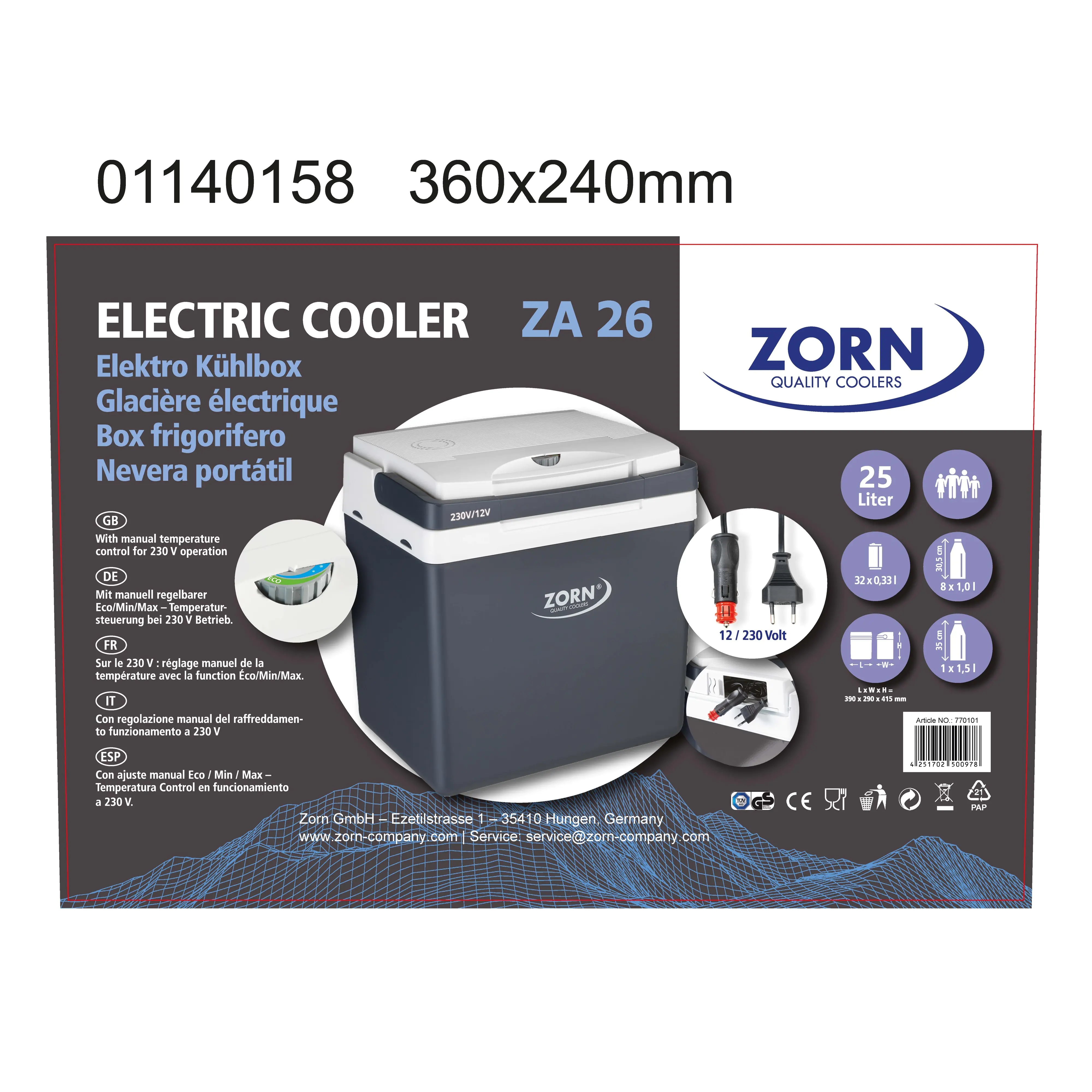 Zorn Kühlbox ZA26 mit 12/230V Anschluss thermoelektrisch