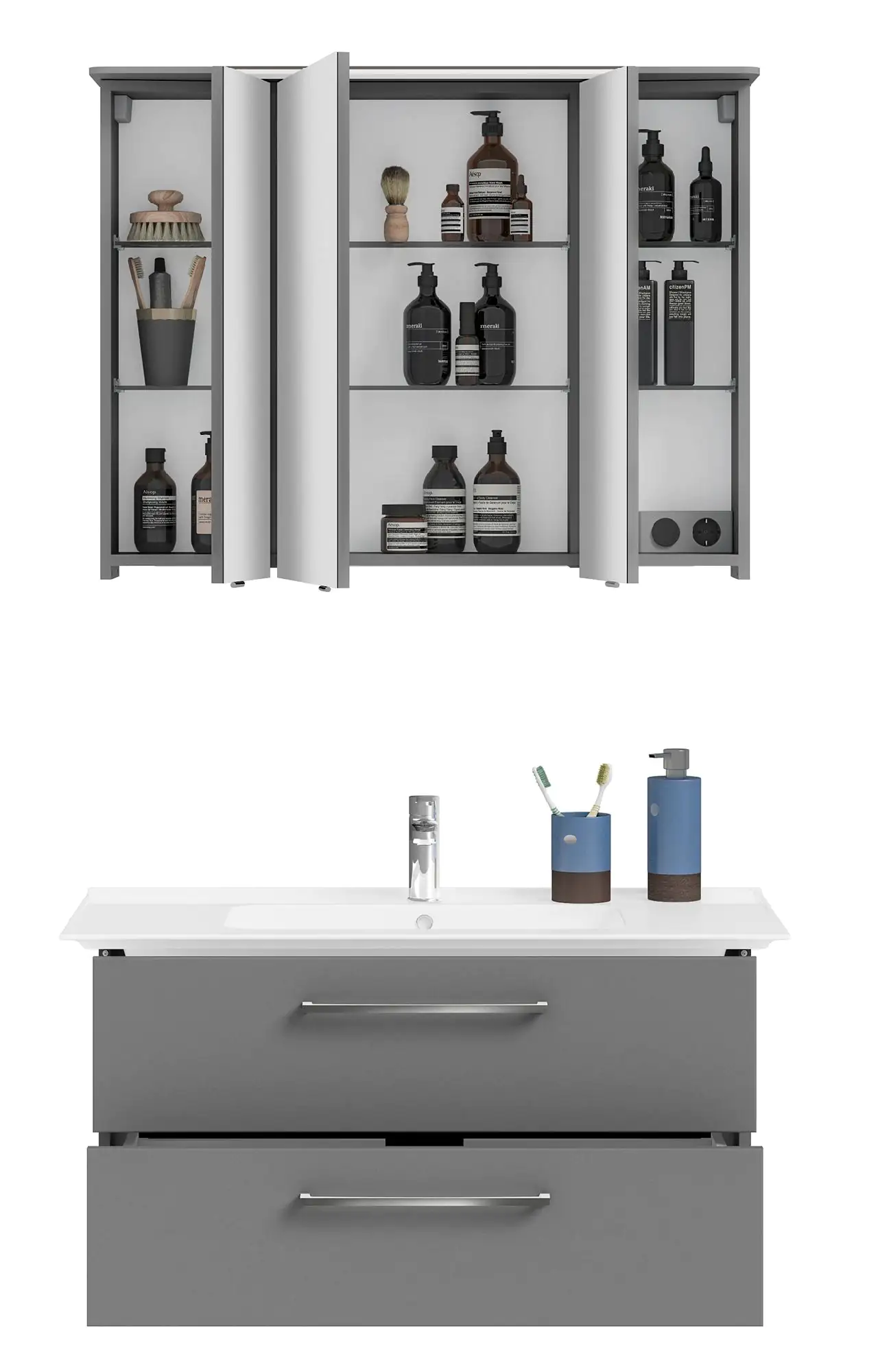 Pelipal Badmöbel-Set Quarzgrau Matt mit Keramik-Waschtisch + 3D-Spiegelschrank 100 cm