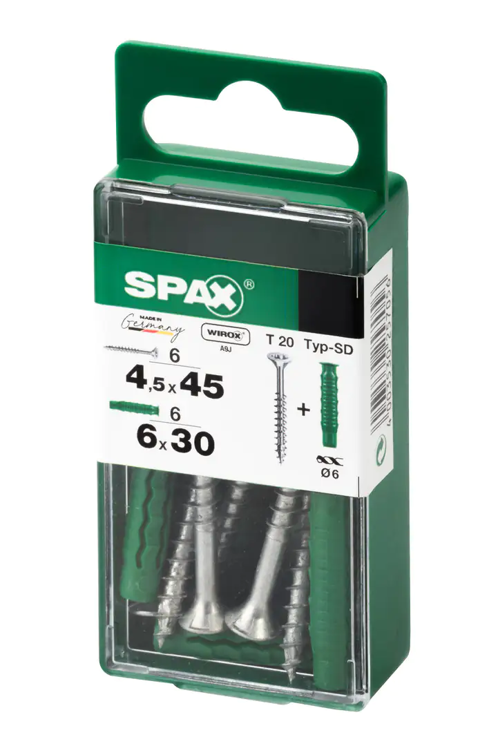 Spax Universalschrauben + Dübel 4.5 x 45 mm TX 20 6 Schrauben + 6 Dübel Spax Universalschrauben + Dübel 4.5 x 45 mm TX 20 6 Schrauben + 6 Dübel