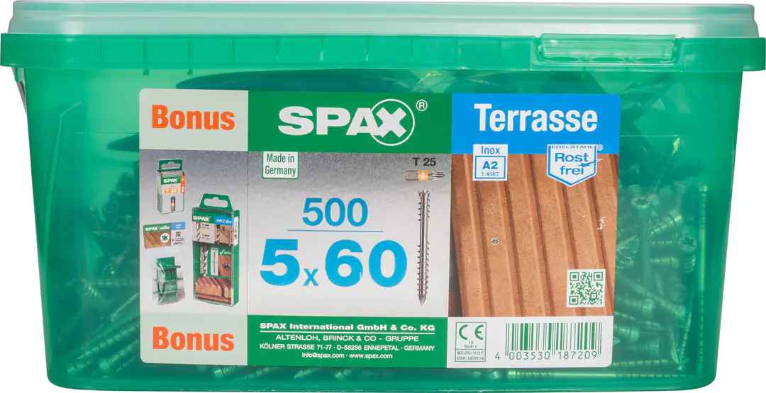 Spax Terrassenschrauben 5.0 x 60 mm TX 25 - 500 Stk. Spax Terrassenschrauben 5.0 x 60 mm TX 25 - 500 Stk.