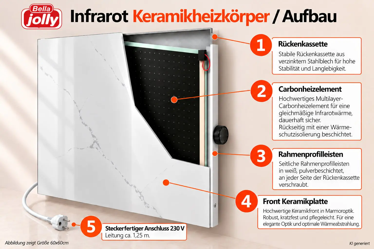 Bella Jolly Infrarot Wandheizkörper 60 x 120 cm 1200 Watt marmoroptik