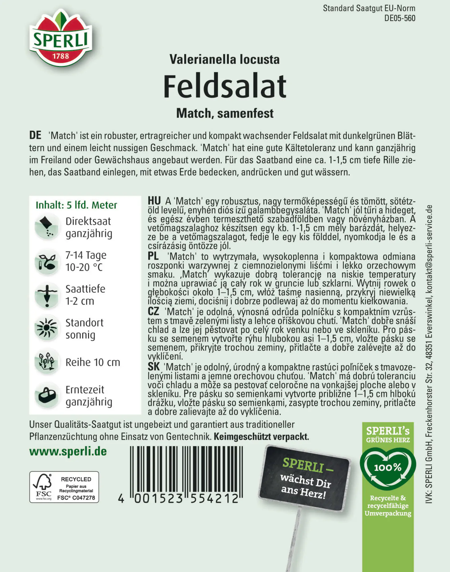 Sperli Saatgut Feldsalat Match für ca. 4 – 7,5 m²