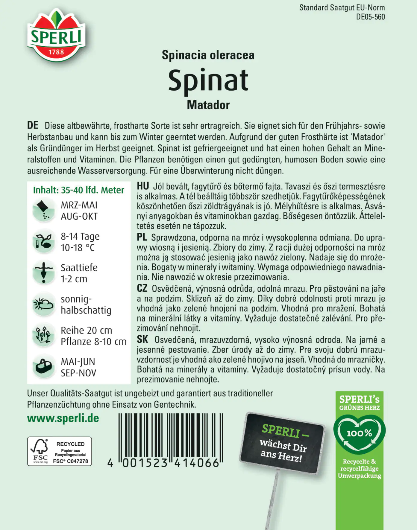 Sperli Spinat Matador MaxiPack 50g