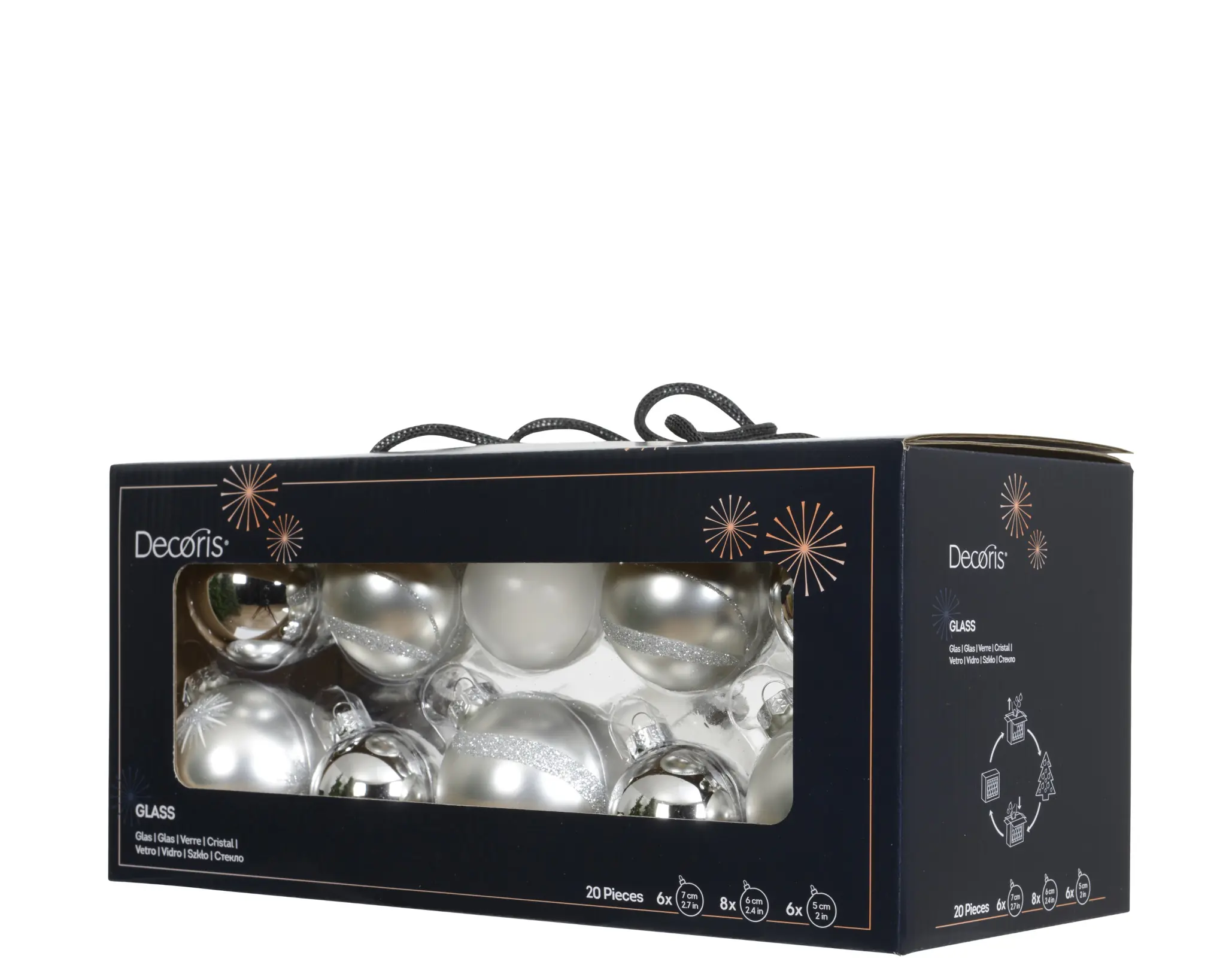 Decoris Weihnachtskugeln aus Glas Ø 5, 6, 7 cm silber 20 Stück