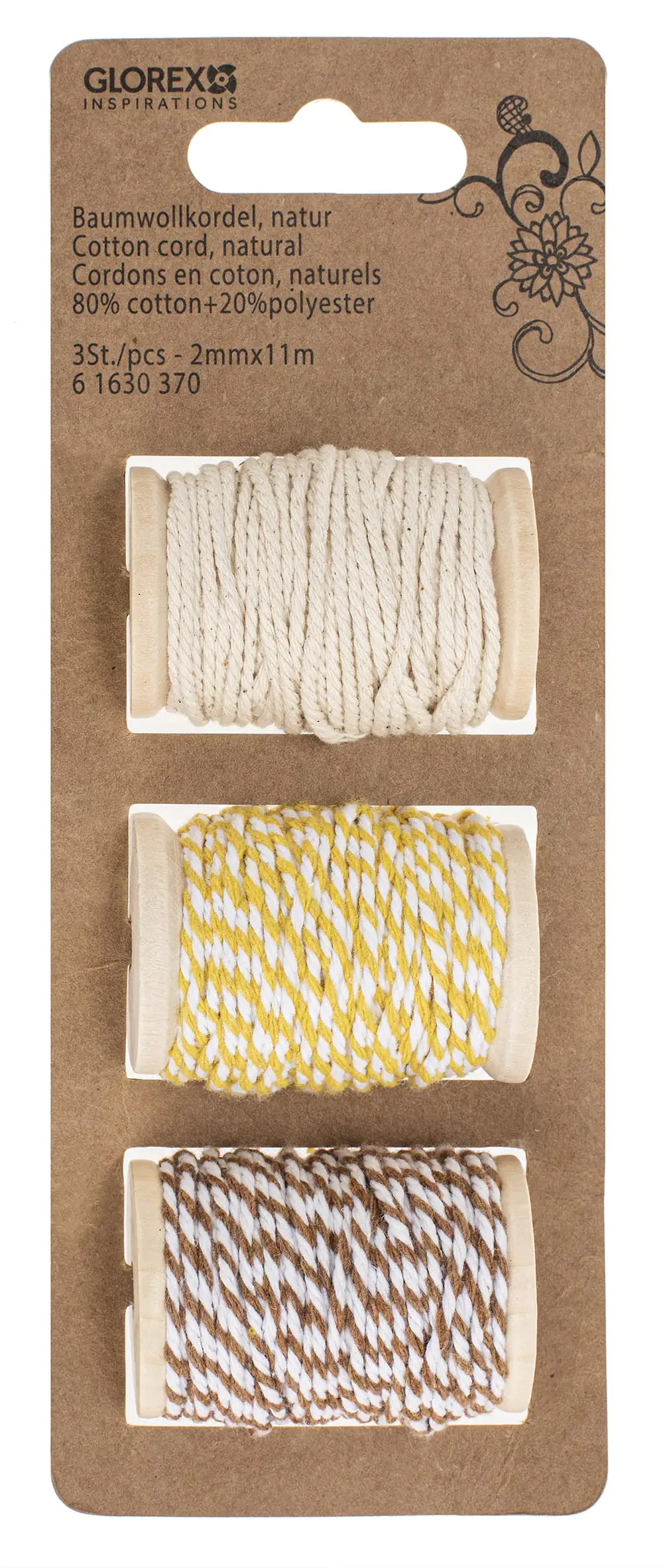 Baumwollkordel Set 3-teilig 2 mm x 11m, 80% Baumwolle/20% Polyester