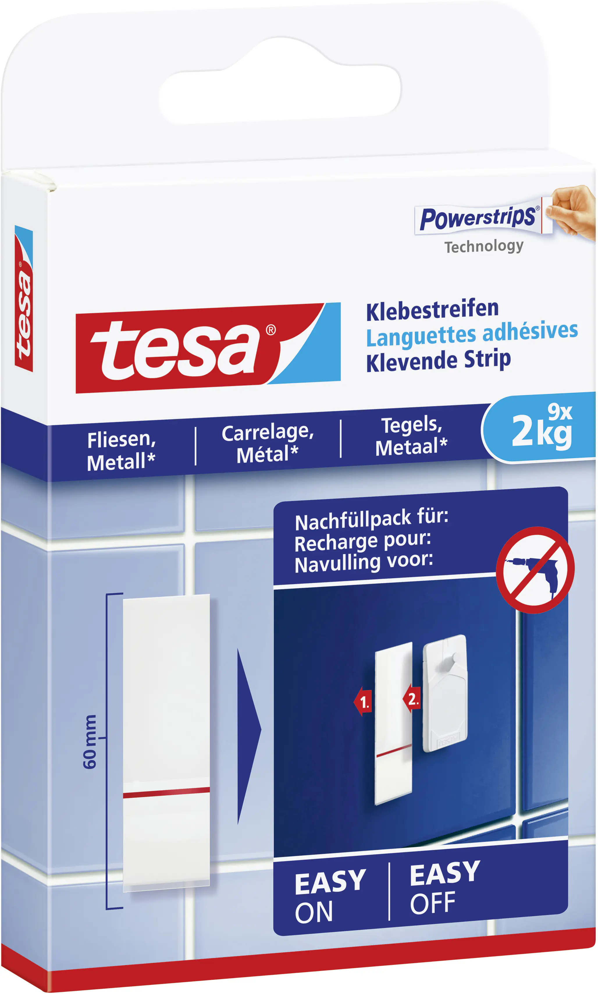 tesa Klebestreifen für Fliesen und Metall 9 Stück, Traglast 2 kg