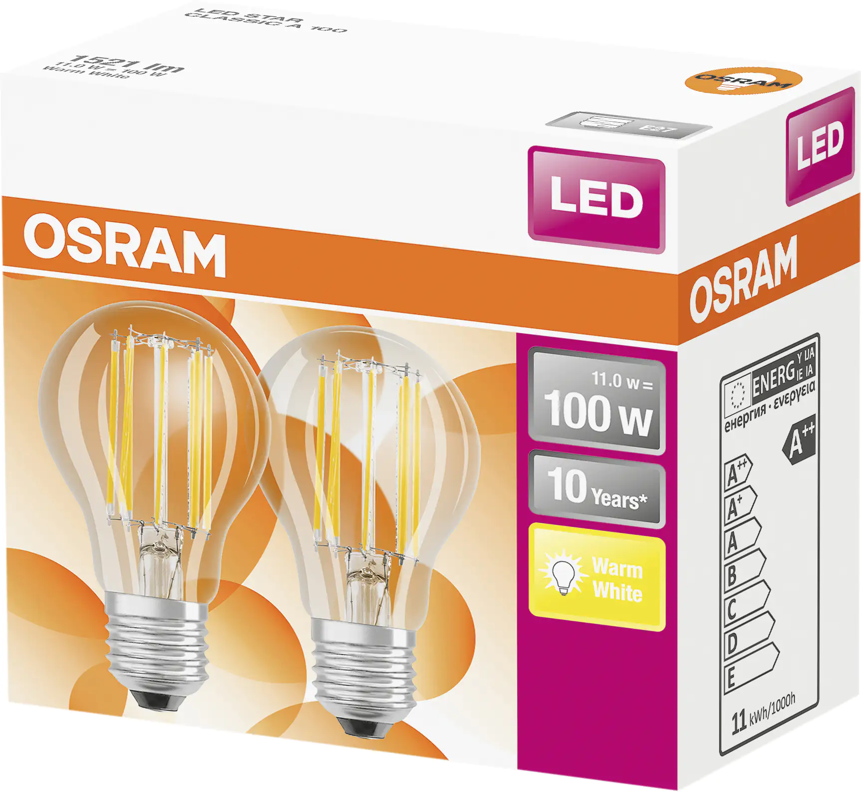 Osram LED Leuchtmittel Retro Classic E27 11W 2er-Pack warmweiß, klar