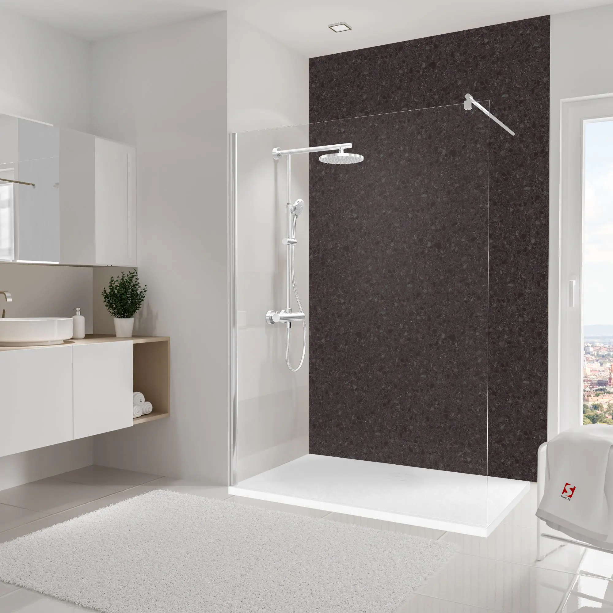 Schulte Duschrückwand DecoDesign Softtouch 150 x 255 cm Terrazzo anthrazit Schulte Duschrückwand DecoDesign Softtouch 150 x 255 cm Terrazzo anthrazit