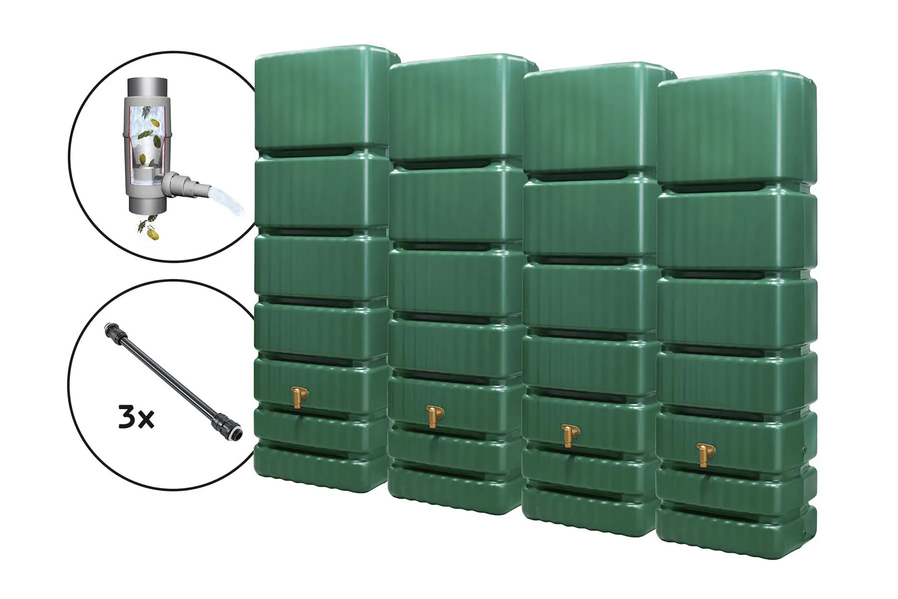 4rain Regentonne-Set Slim inkl. Zubehör Wandtank 1400 L dunkelgrün 4 Stück