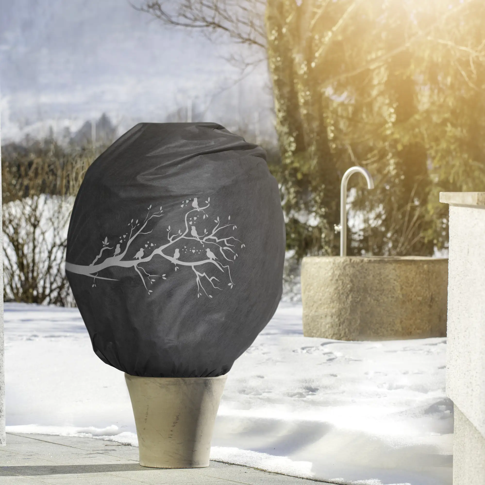 Windhager Deko-Haube Protect XXL 1,4 x 2 m, grau mit Vogelmotiv