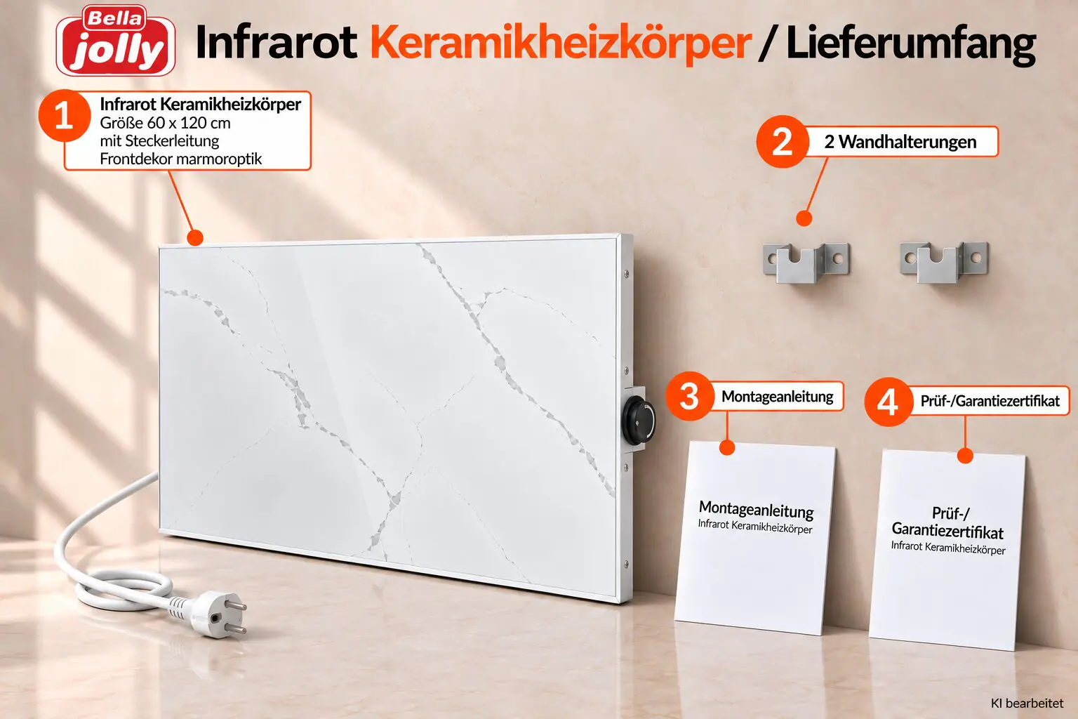 Bella Jolly Infrarot Wandheizkörper 60 x 120 cm 1200 Watt marmoroptik