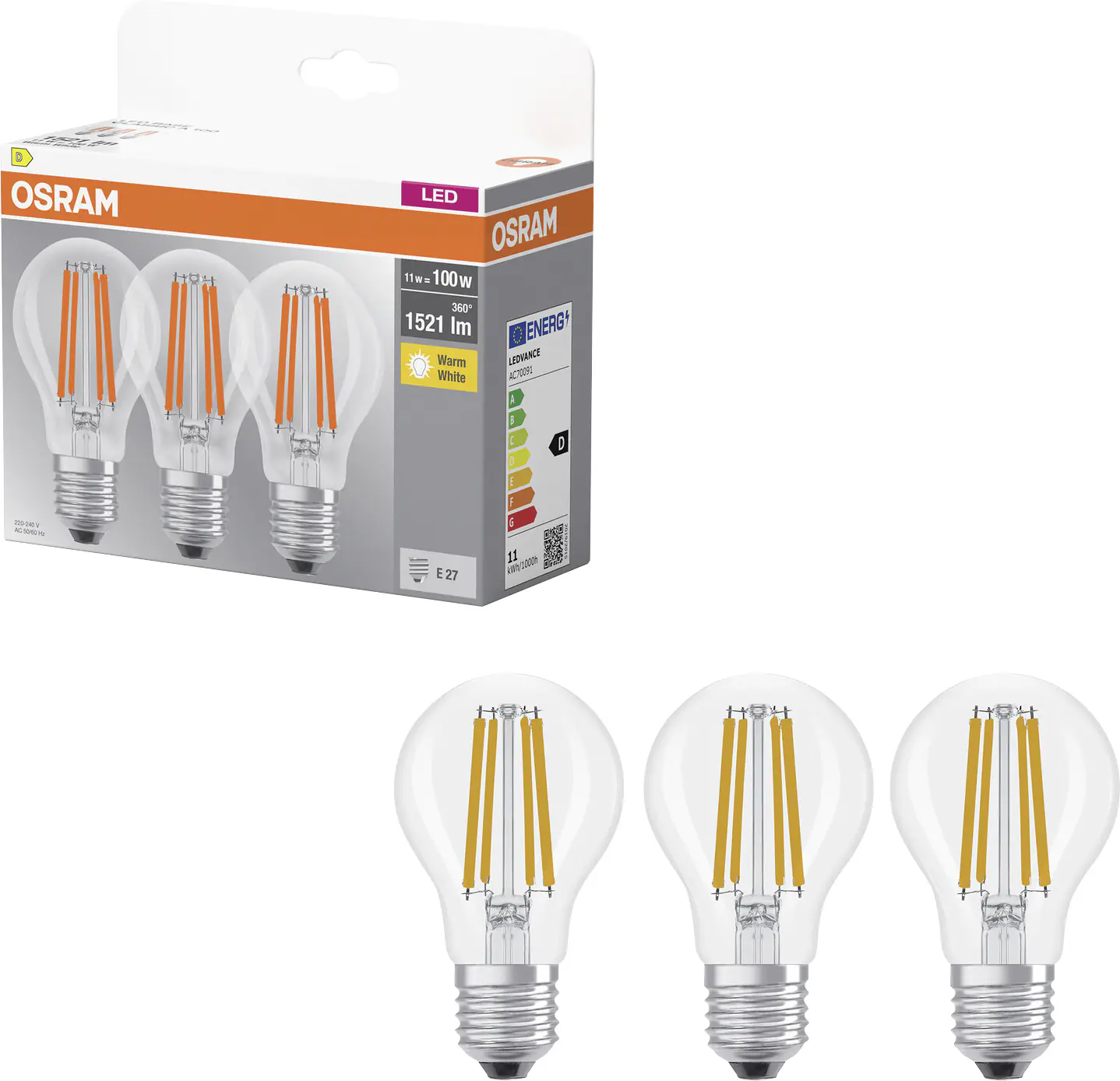 Osram LED Leuchtmittel E27 3er Pack Base Classic 11W klar warmweiß