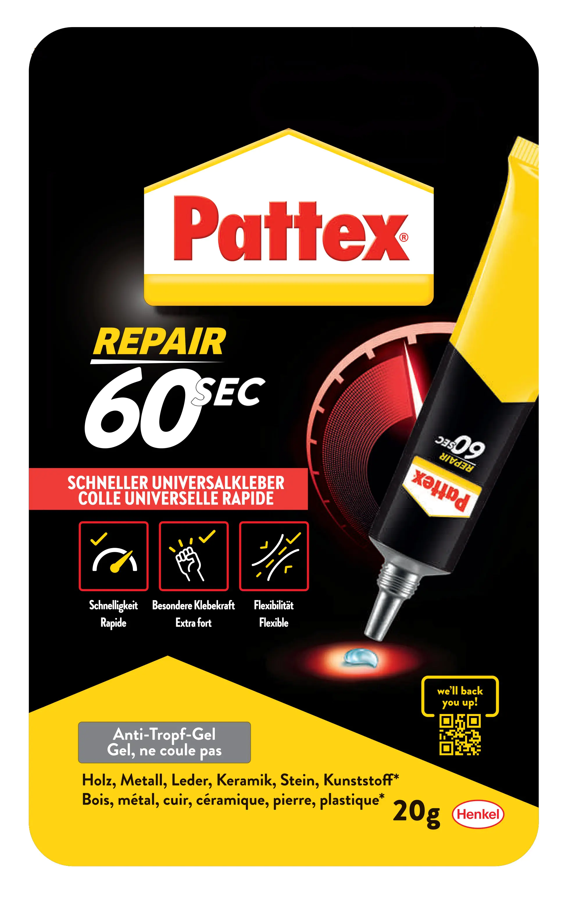 Pattex 60sec. Universalkleber 20 g Tube, klar & farblos Pattex 60sec. Universalkleber 20 g Tube, klar & farblos