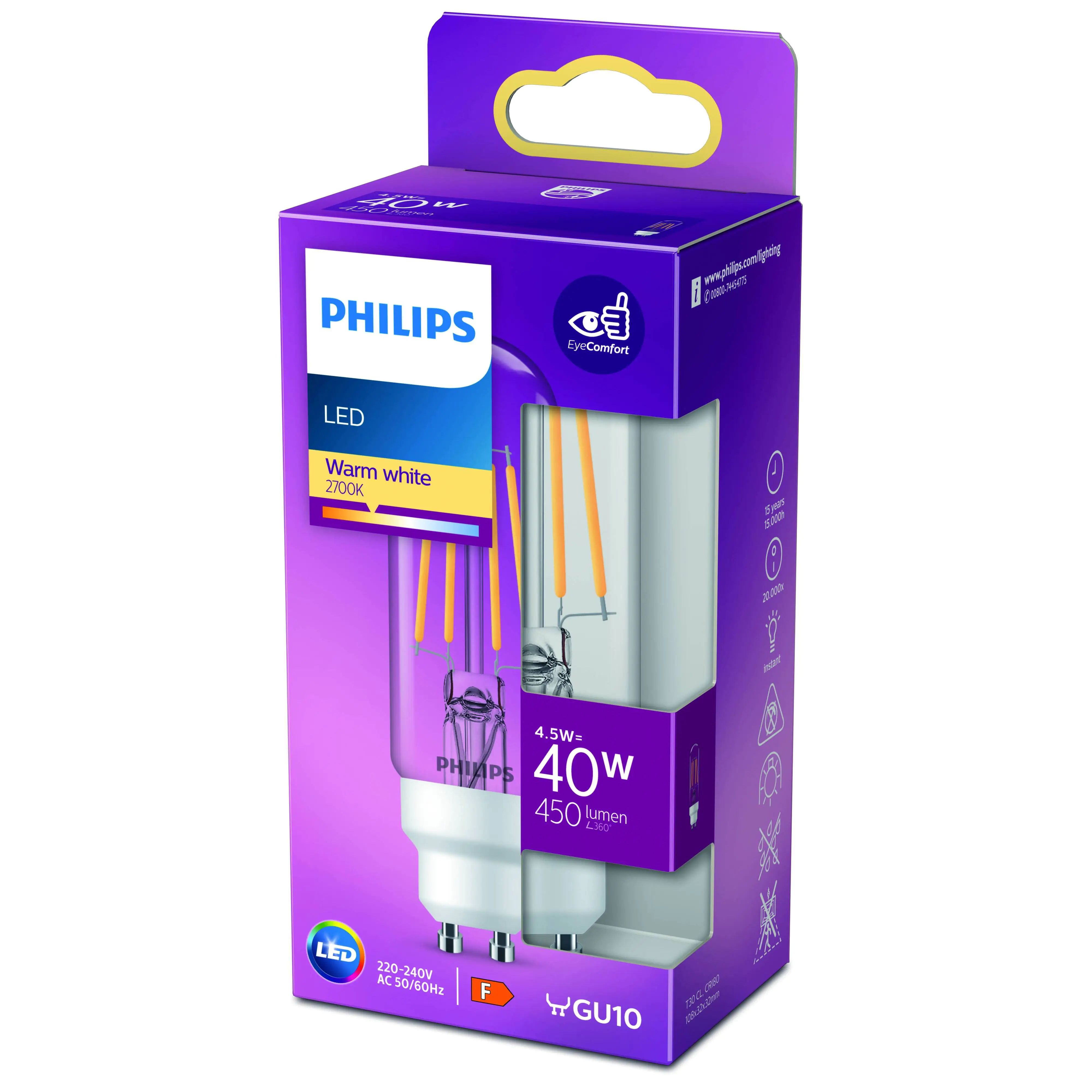 Philips LED-Leuchtmittel Filament Stabform T30 GU10, 4,5W warmweiß