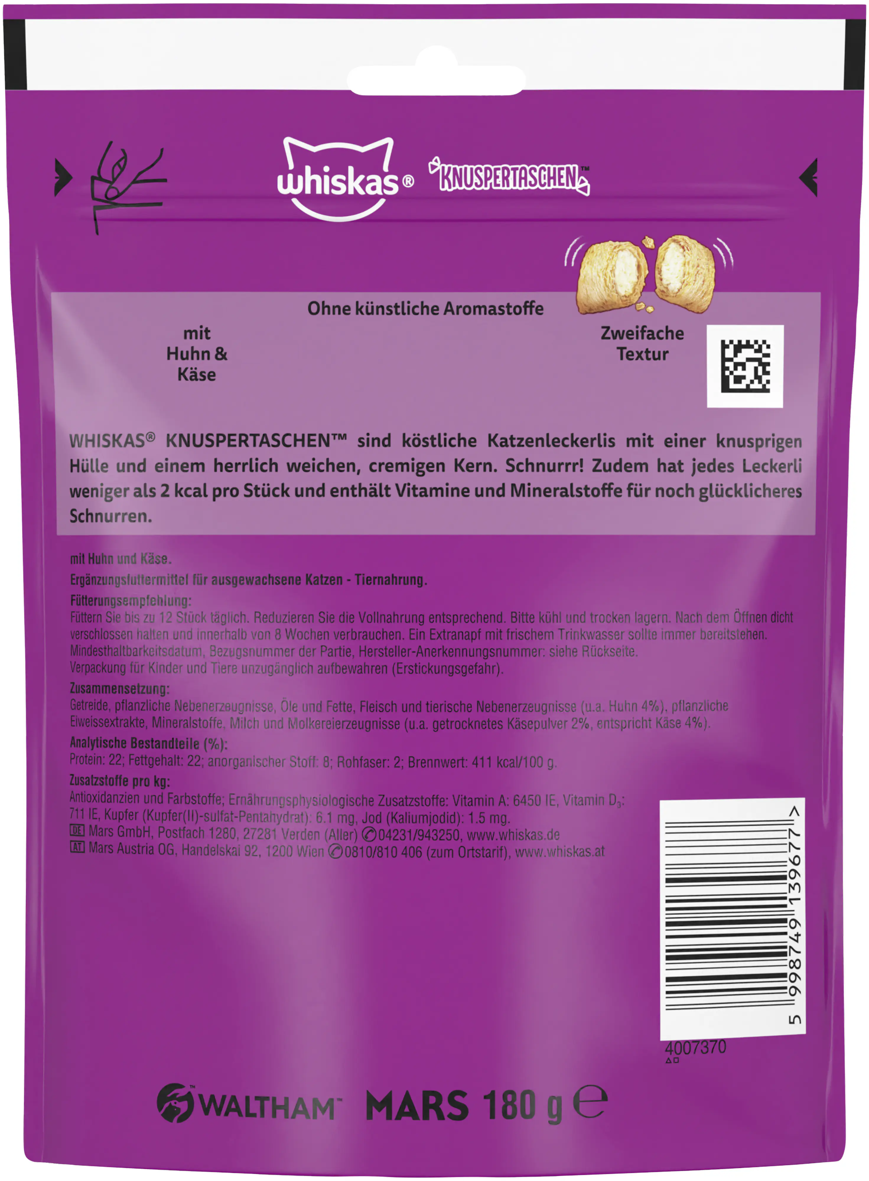 Whiskas Katzensnack Knuspertaschen mit Huhn und Käse 180 g