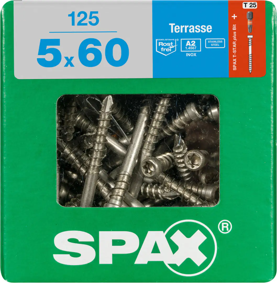 Spax Terrassenschrauben 5.0 x 60 mm TX 25 - 125 Stk. Spax Terrassenschrauben 5.0 x 60 mm TX 25 - 125 Stk.