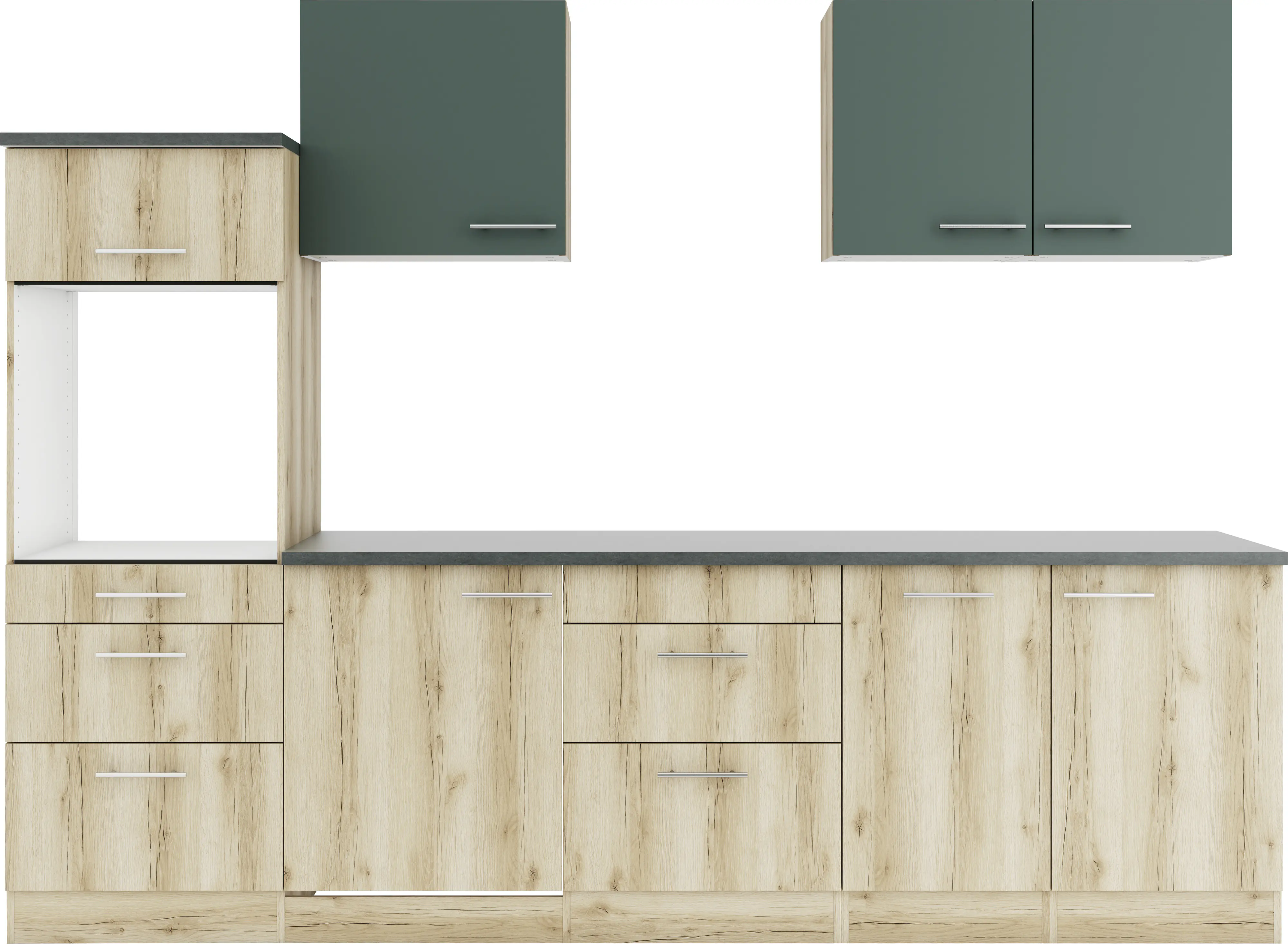 Optifit Küchenzeile Savona 405/Livorno 290 ohne Geräte steingrün/wildeiche 270 cm 