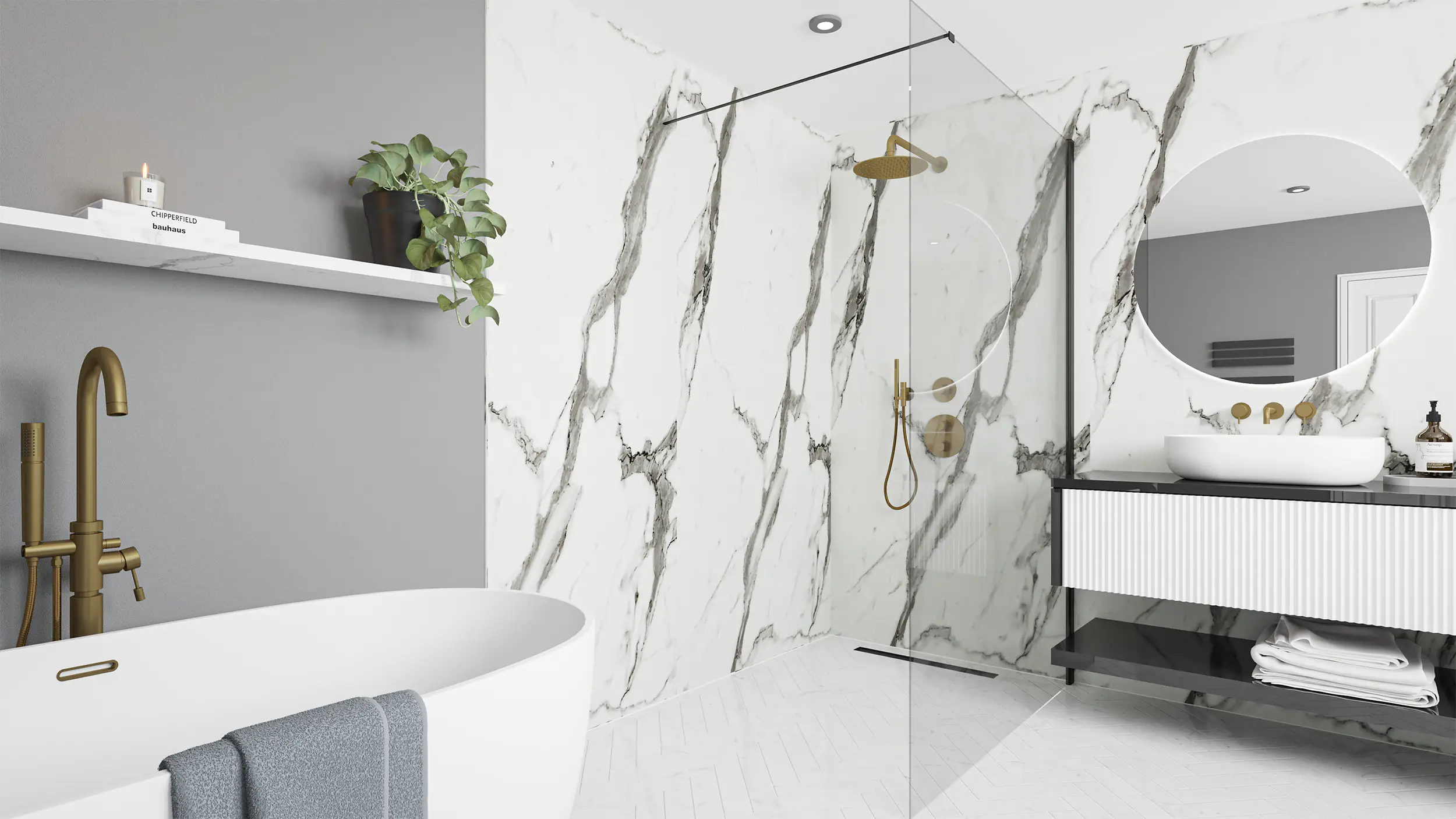 Wetwall Elite Wandpaneel  Calacatta Statuario 16 x 242 cm mit abgerundeter Abschlusskante