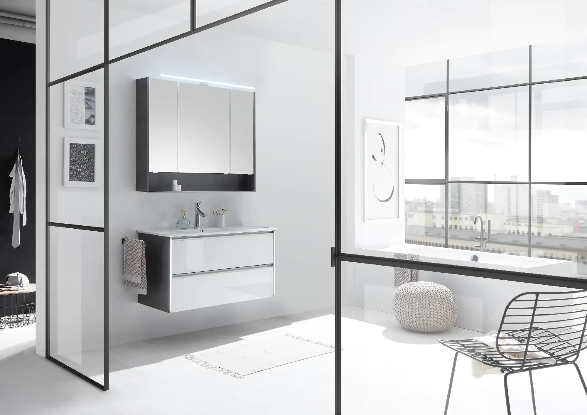 Pelipal Badmöbel-Set 6040 Glas Weiß/Oxid Dunkelgrau mit Keramikwaschtisch + LED-Leuchte 101 cm