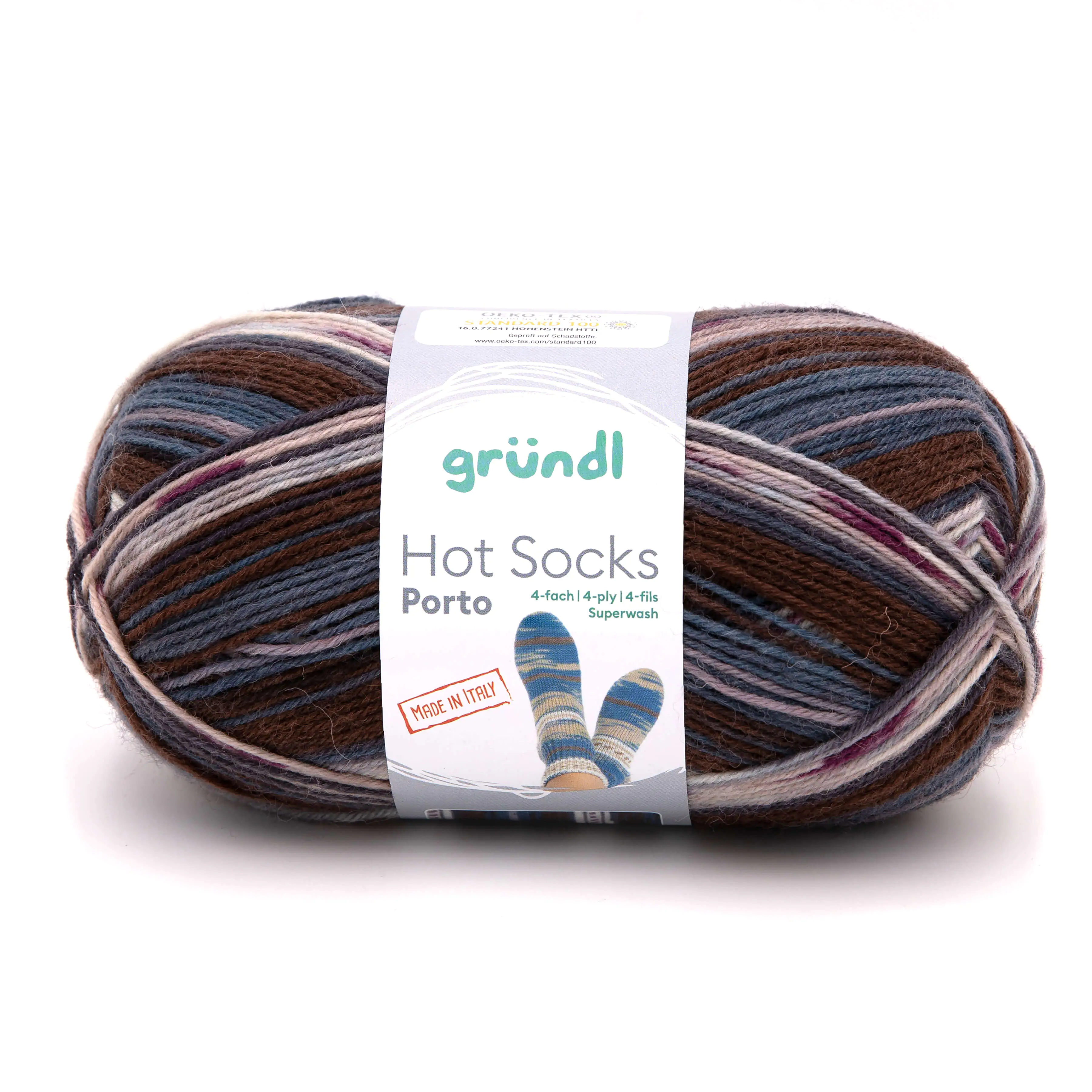 Gründl Sockenwolle Hot Socks Porto 100 g 4-fach braun-natur-denim-flieder