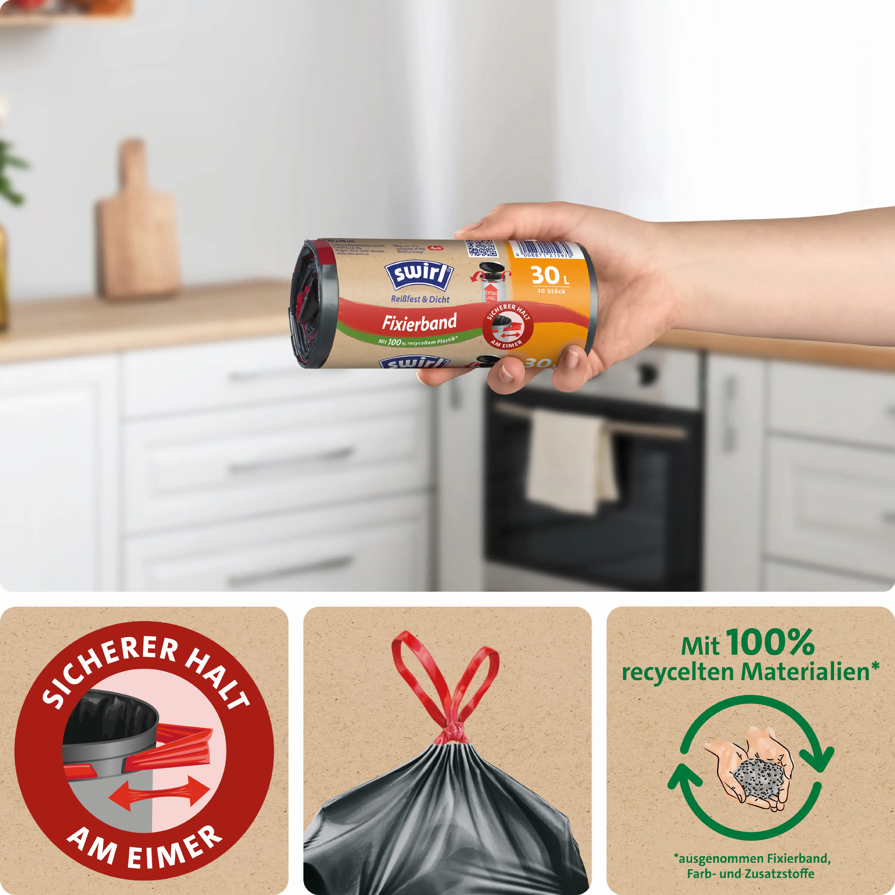 Swirl® Fixierband-Müllbeutel XL 30 L Reißfest & Dicht