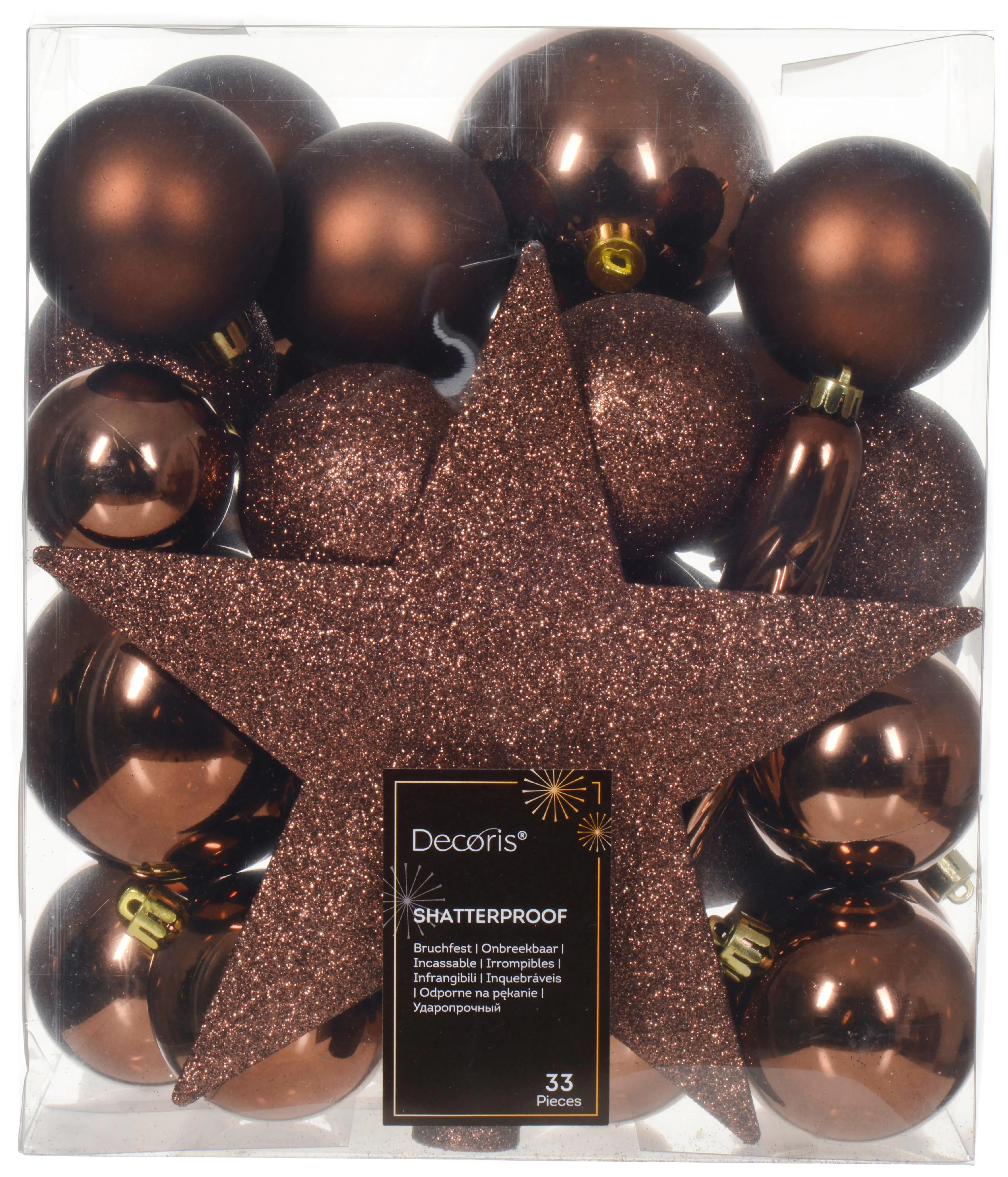 Decoris Weihnachtskugeln mit Christbaumspitze Stern, 33er Set, bruchsicher, espressobraun