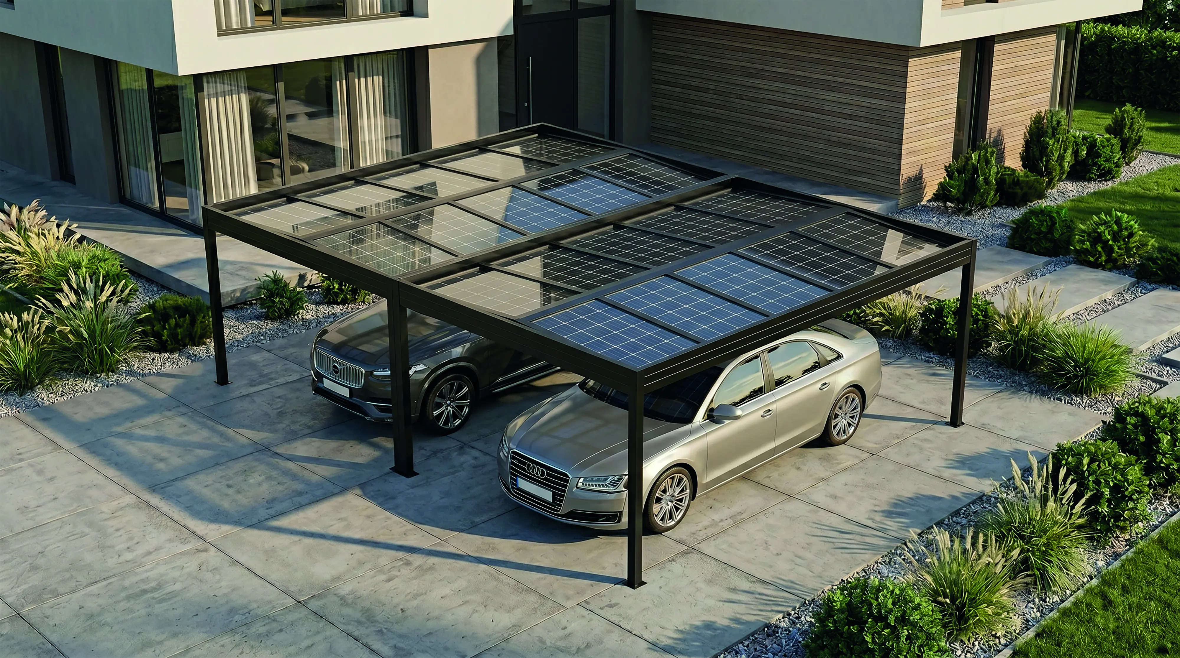 SunElements SunVaro Carport Energy Doppel XL 724 x 549 cm mit Photovoltaikdach 250 Wp anthrazit-metallic