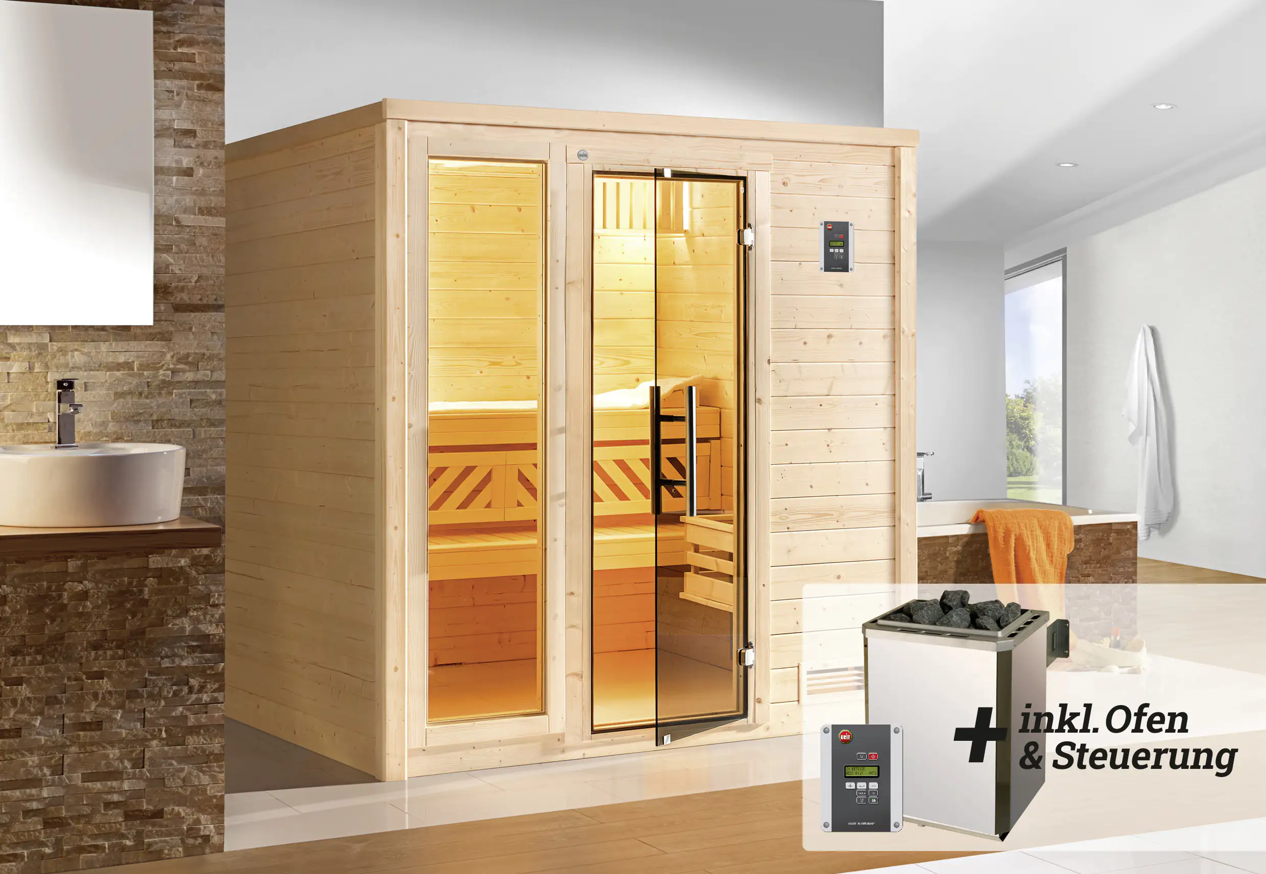 Weka Premium Massivholz-Sauna Bergen Gr. 1 Sparset 7,5 kW OS