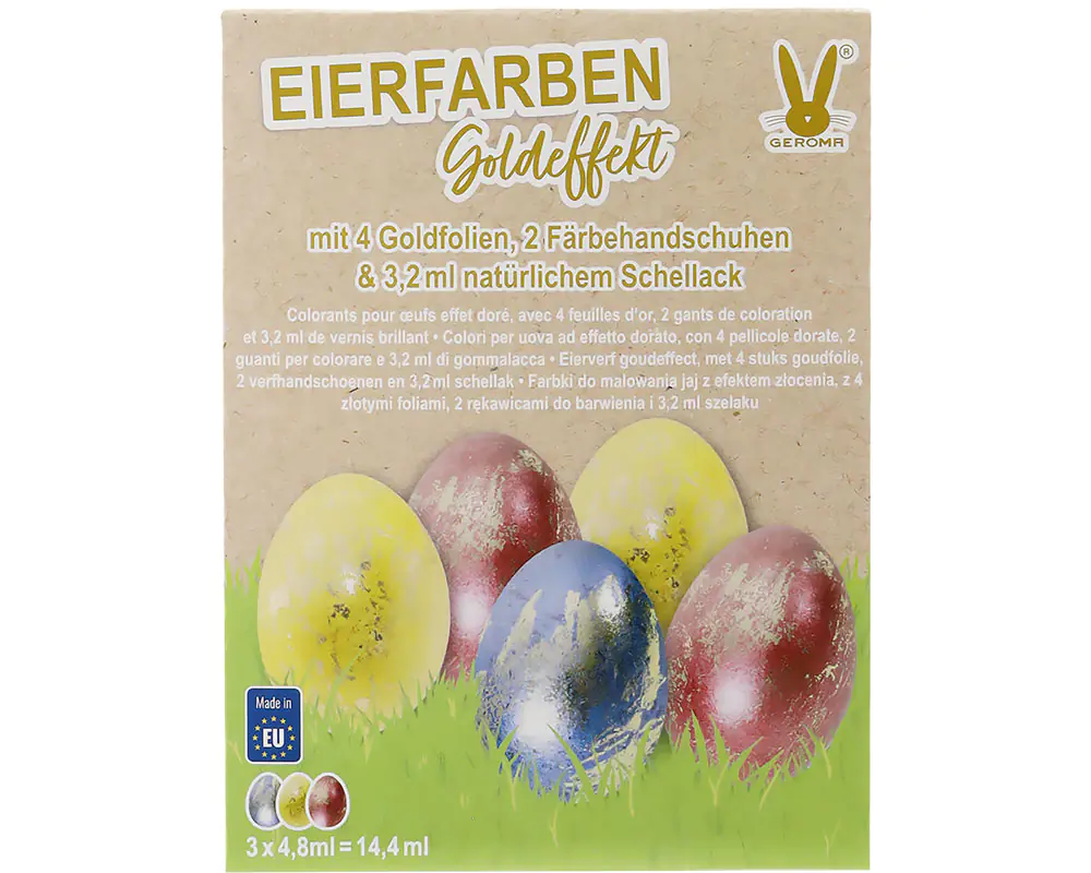Eierfarben Goldeffekt 3 Farben mit Goldfolie, Schellack und Färbehandschuhe Eierfarben Goldeffekt 3 Farben mit Goldfolie, Schellack und Färbehandschuhe