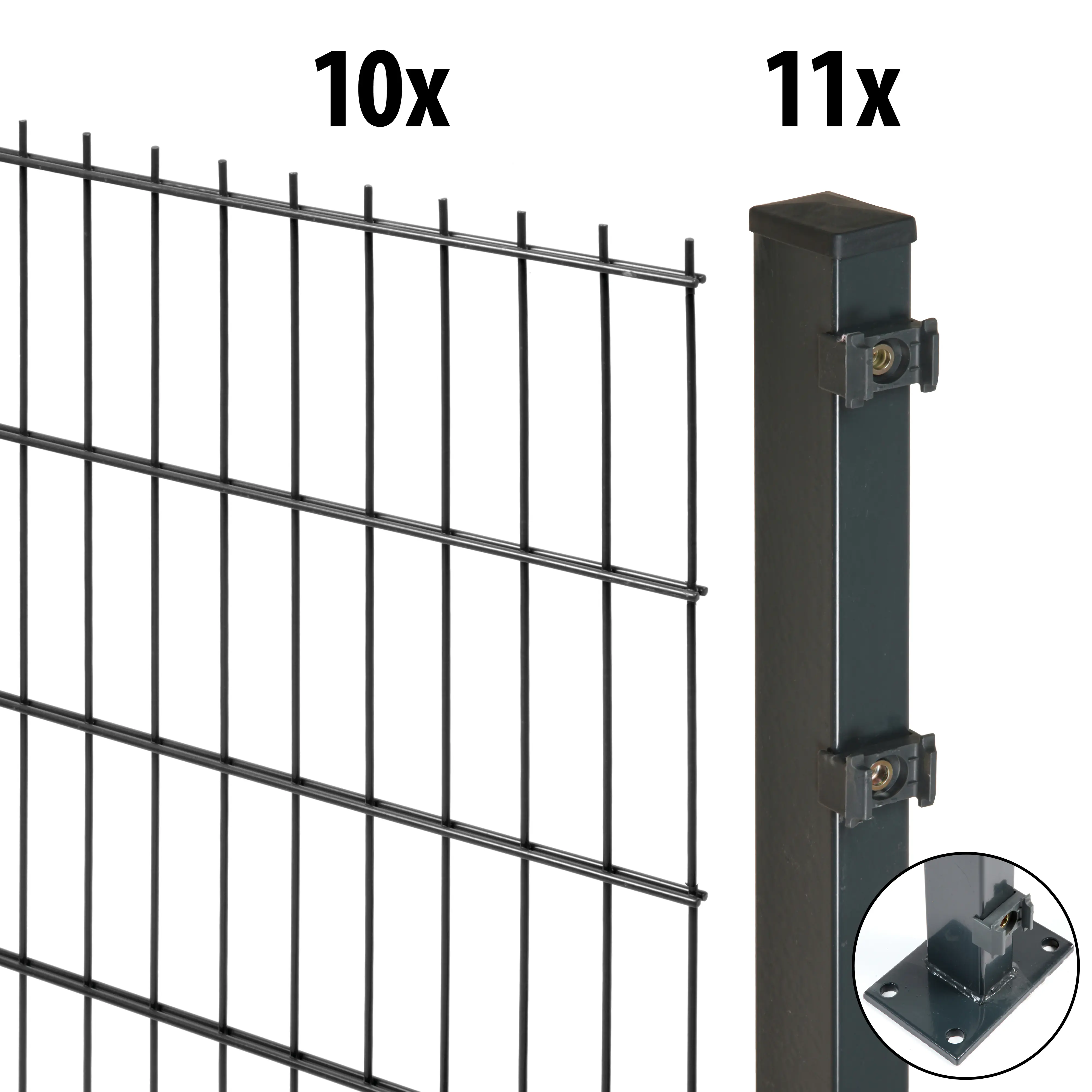 Floraworld Doppelstabmatten-Zaun Set Comfort 20 m 201 x 103 cm mit Bodenplatte & 11 Pfosten 109 cm anthrazit