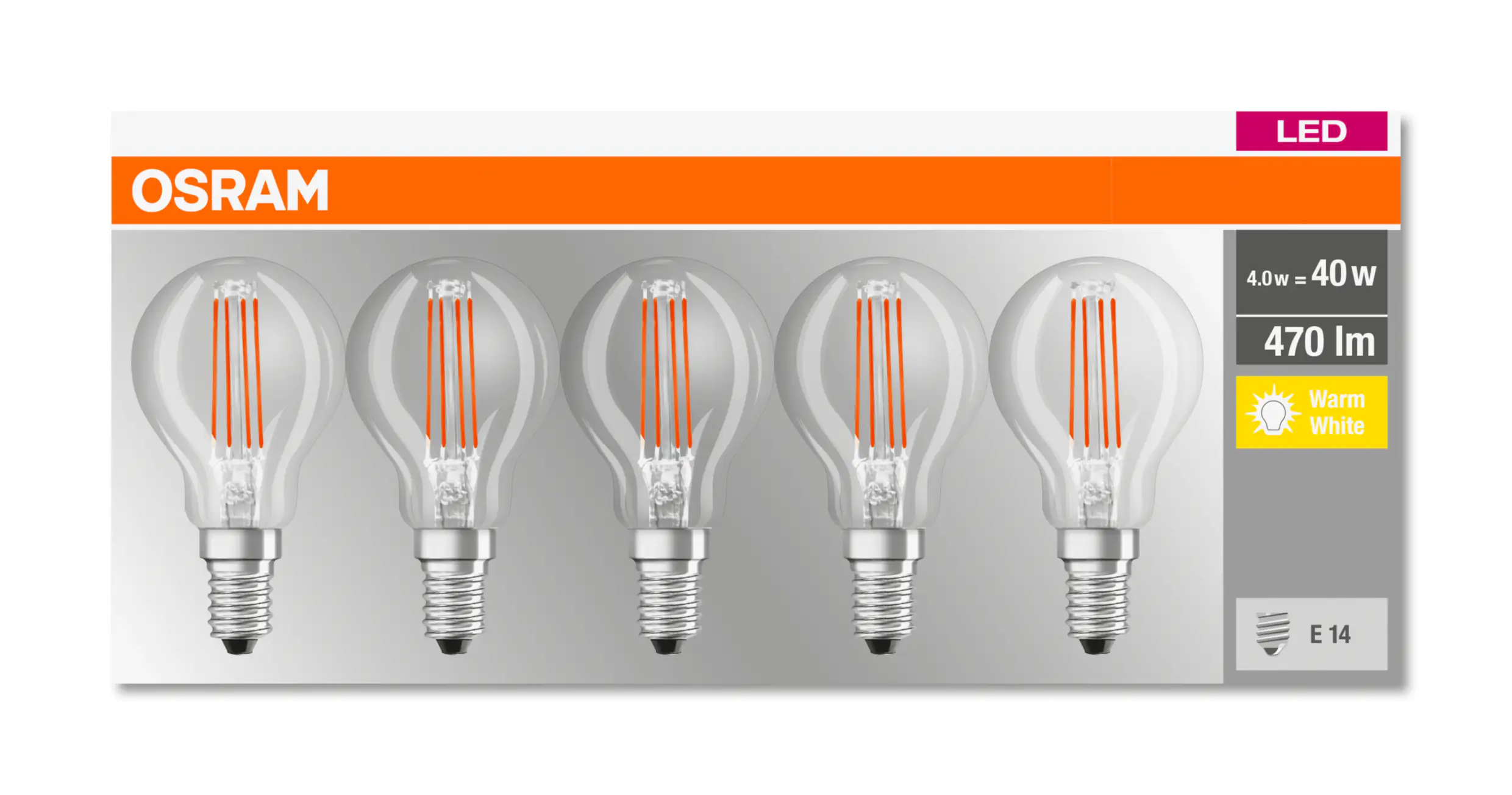 Osram LED Leuchtmittel 5er Pack Tropfenform P40, E14, 4W, warmweiß, klar