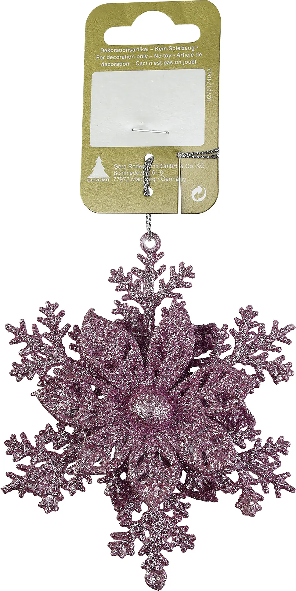 Dekohänger Schneeflocke mit Glitzer Kunststoff 10 x 10 cm rosa 